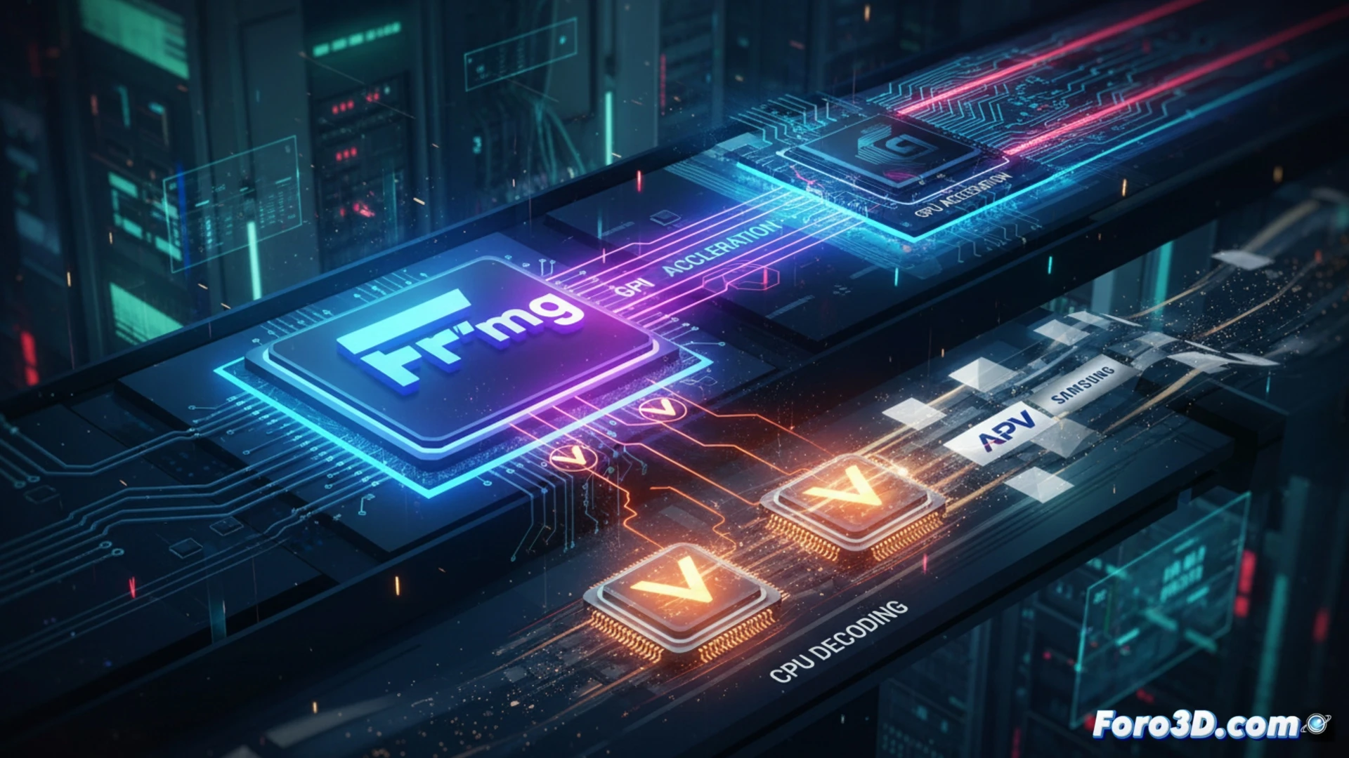 cinematic technical illustration of FFmpeg terminal interface processing APV video codec, Vulkan GPU acceleration visible through glowing GPU die and parallel data streams flowing from CPU to graphics card, Samsung APV codec blocks being decoded in real-time with Vulkan shader pipelines, professional video editing workstation with dual monitors showing timeline and decoded frames, photorealistic engineering visualization, dramatic blue and orange lighting on hardware components, motion blur on data packets traveling through PCIe lanes, ultra-detailed circuit board textures