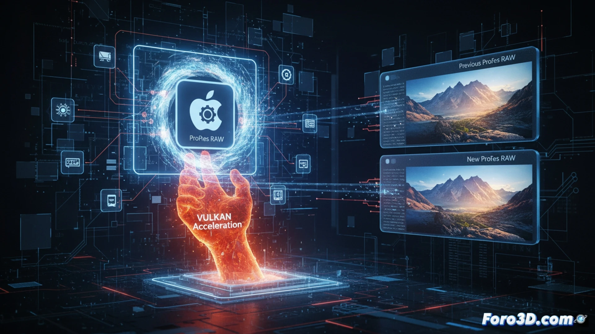 graphics card with glowing Vulkan logo inside a transparent server rack, FFmpeg command terminal outputting decoded ProRes RAW frames in real-time, camera sensor raw data streams flowing as glowing pixel grids into the GPU, cinematic engineering visualization, Vulkan API acceleration pipeline shown as blue energy arcs connecting hardware components, photorealistic technical illustration, dark industrial lighting with neon accents, ultra-detailed circuit traces and cooling fins on the GPU, motion blur on data streams, dramatic shadows and reflections on metallic surfaces