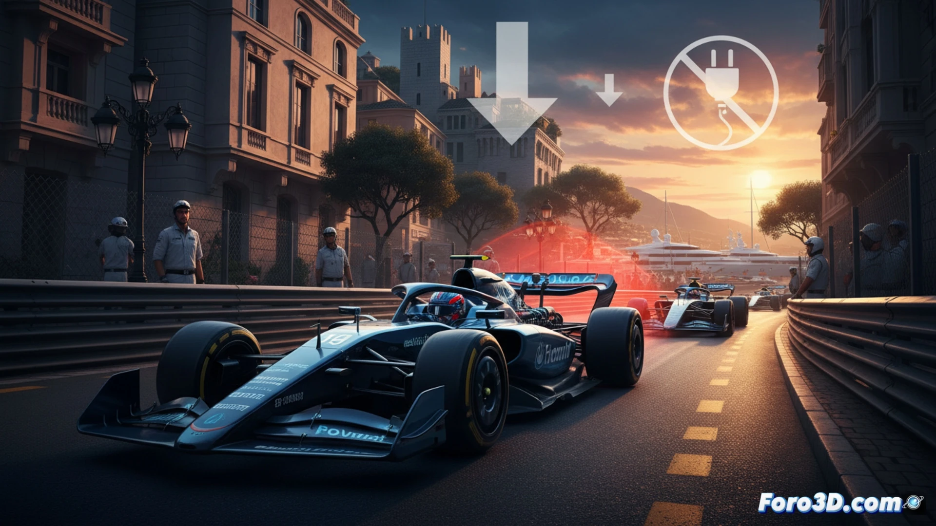 Monaco F1 street circuit tight corner, electric energy flow visualization, glowing blue power cables connecting hybrid battery to rear wheels, sparks from brake discs during heavy deceleration, safety barrier with impact marks close to track edge, aerodynamic wings angled for downforce, dust particles kicked up by tires, cinematic engineering visualization, dramatic shadows from Mediterranean sunlight, photorealistic technical render, motion blur on wheels, carbon fiber monocoque visible through open cockpit, high-contrast lighting on metallic surfaces