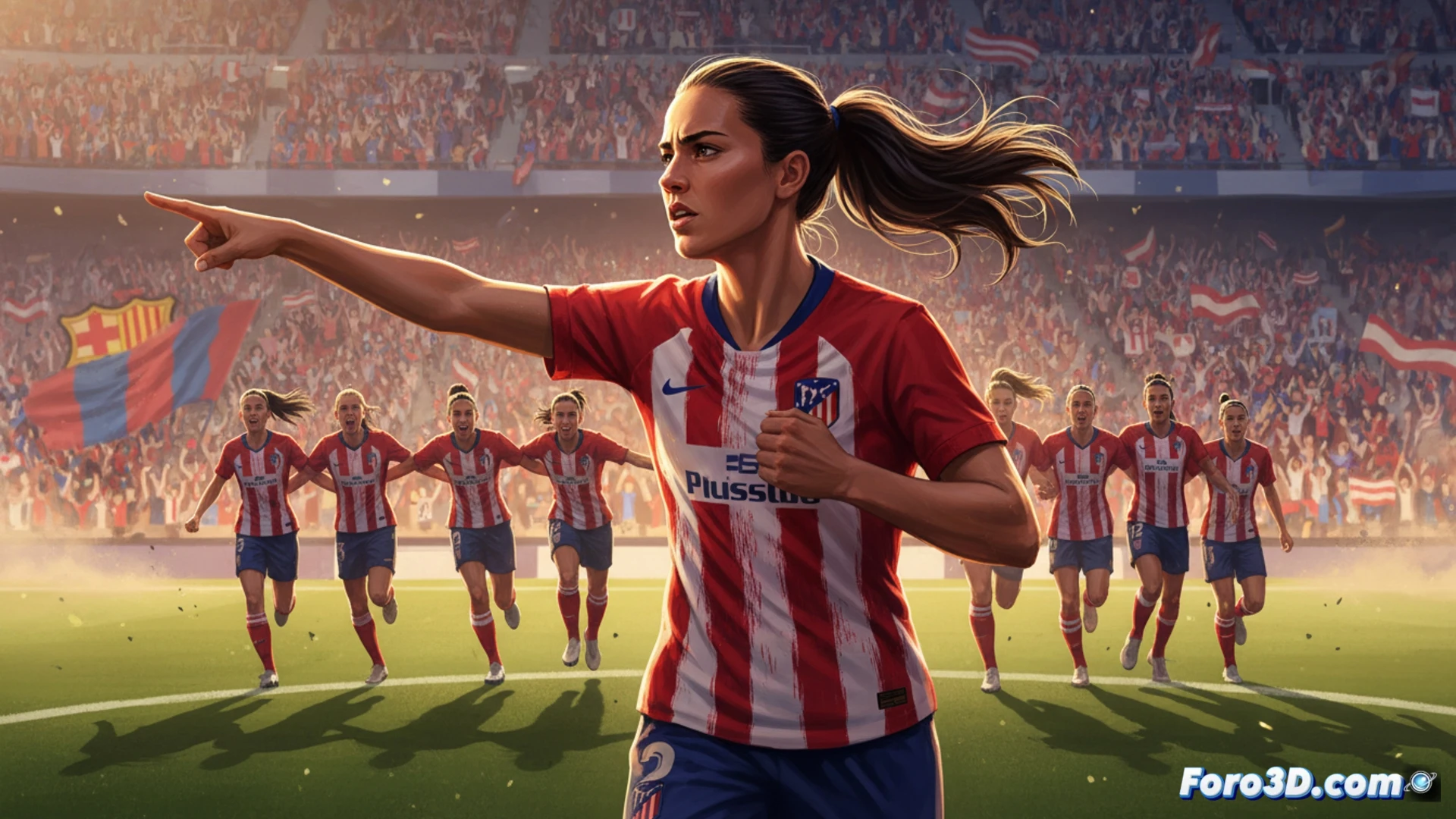 Atlético Madrid midfielder Fiamma Benítez in a tactical huddle, team in red and white striped kits, intense focus on her face while pointing forward, Gran Canaria stadium pitch visible behind, Barcelona opponent blurred in background, dramatic pre-match lighting, motivational team spirit, cinematic sports photography style, high-contrast shadows, sweat on brows, dynamic action pose, photorealistic technical render