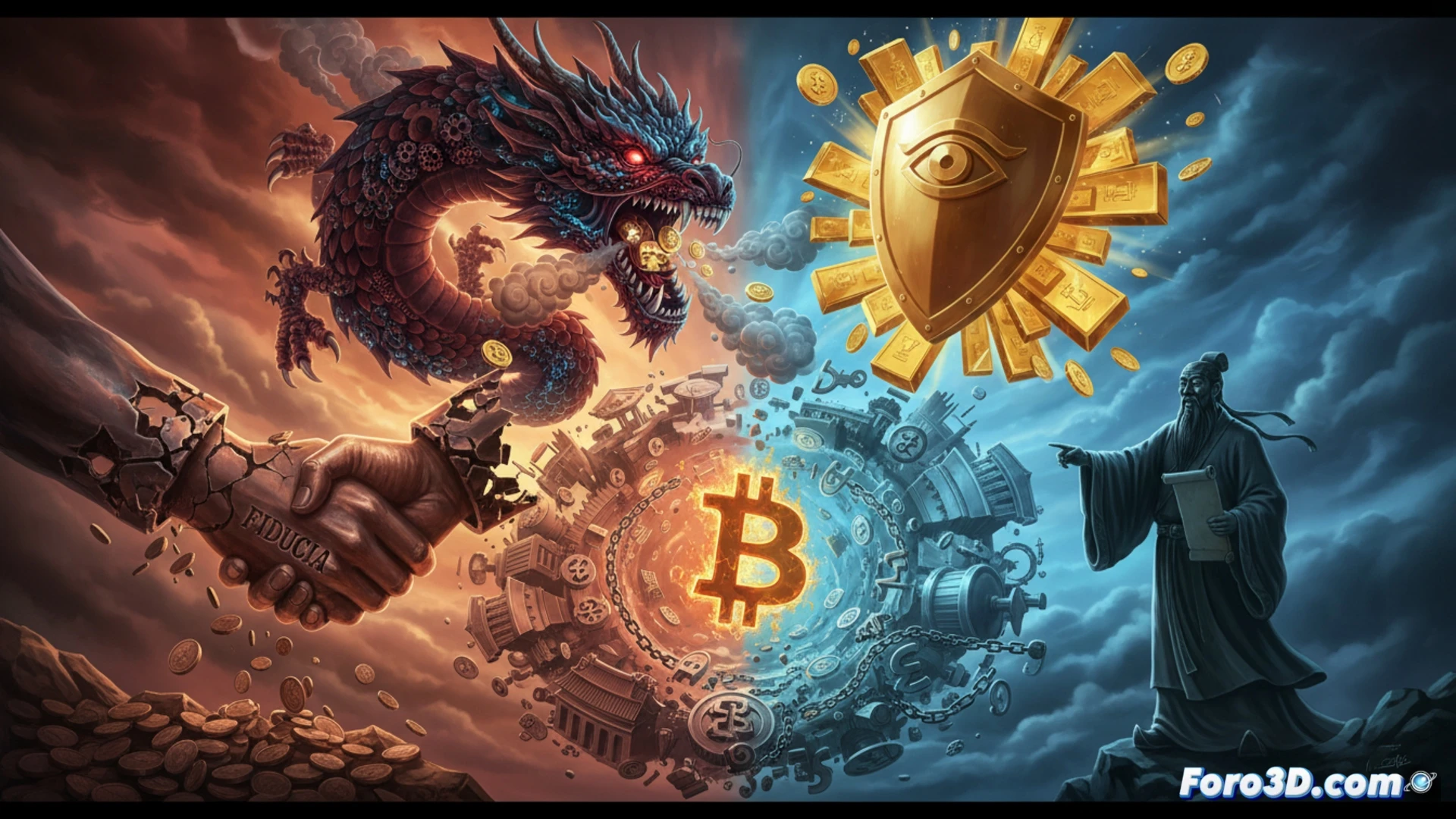 photorealistic macro shot of a corroded copper Bitcoin coin cracking under pressure, digital panic visualized as red warning candlestick charts bleeding into dark metallic surface, a golden ancient Chinese coin glowing faintly in the background untouched by decay, rusted lock mechanism opening with visible gears exposing a fragile holographic key inside, cinematic engineering visualization, dramatic chiaroscuro lighting, metallic textures with oxidation patterns, ultra-detailed mechanical components, dust particles suspended in light beam, photorealistic technical render