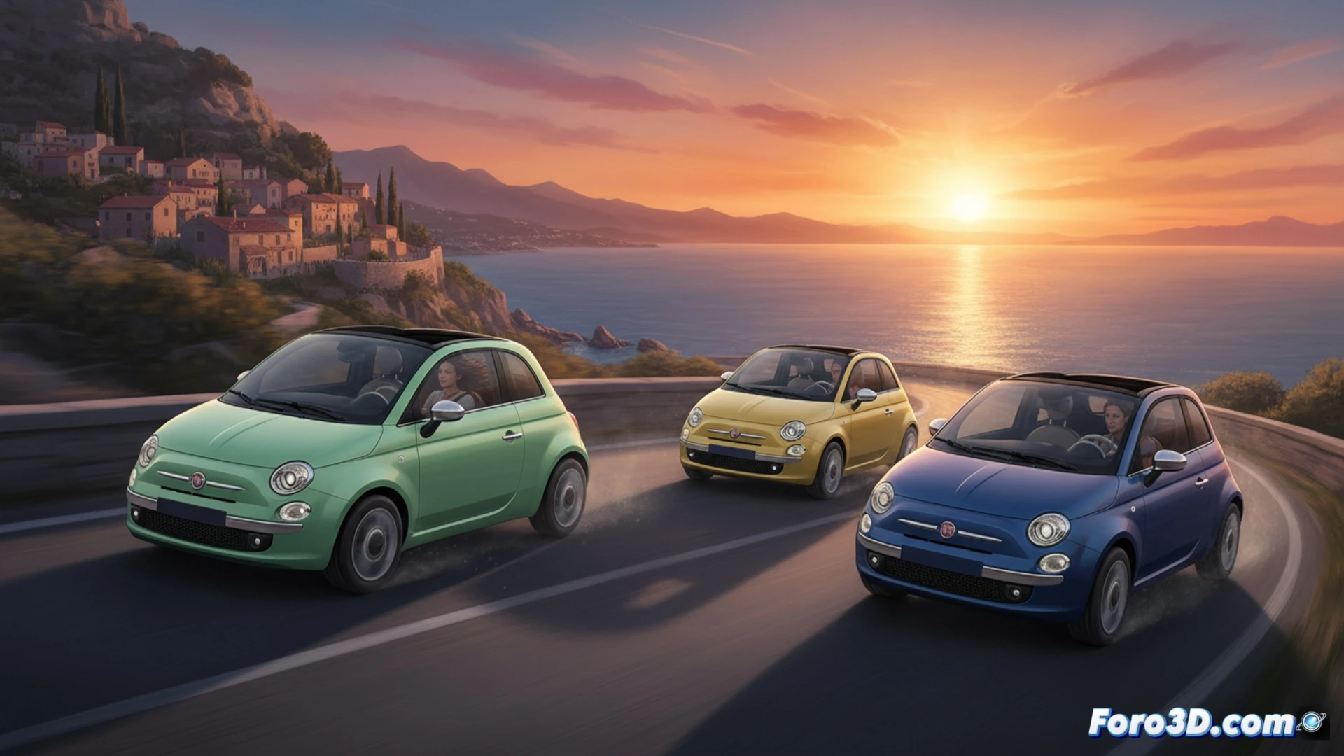 Fiat 500 Hybrid city car navigating a narrow cobblestone street, engine bay cutaway revealing the compact Firefly three-cylinder motor with 12V micro-hybrid belt-integrated starter generator, manual gearbox linkage visible, dashboard stripped of screens showing only analog gauges and physical buttons, driver shifting gears while steering with one hand, sunlight catching the polished metal of the engine block, motion blur on wheels suggesting agile cornering, soft Italian urban backdrop with pastel buildings, cinematic photorealistic engineering visualization, warm golden hour lighting, mechanical components highlighted with subtle metallic reflections, dust particles suspended in air around moving tires.
