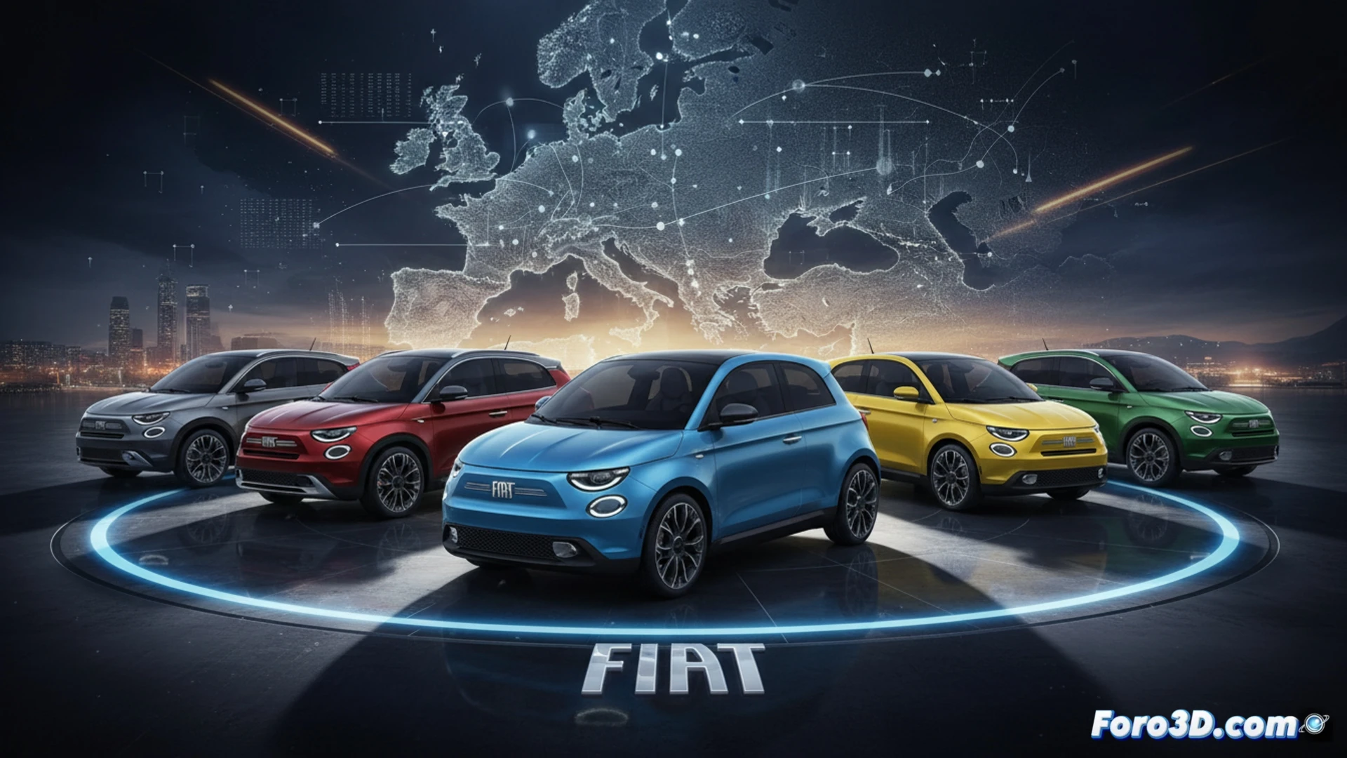 Fiat assembly line in 2028 showing a compact electric vehicle being built by robotic arms, battery pack installation process visible, worker calibrating software on a tablet near the chassis, glowing digital blueprint of five new models projected above the conveyor belt, cinematic engineering visualization, metallic blue body panels, futuristic factory lighting, holographic cost-reduction data streams floating, photorealistic technical illustration