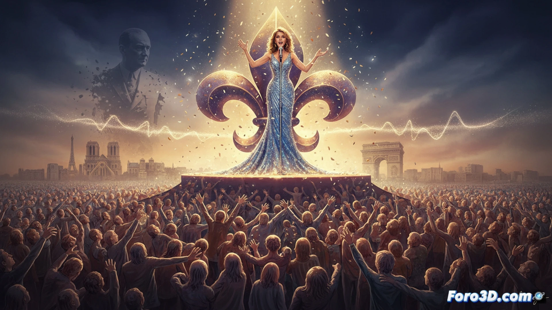 Una multitud extasiada ondea banderas francesas frente al cartel de Céline Dion, París paralizada por la locura pop.