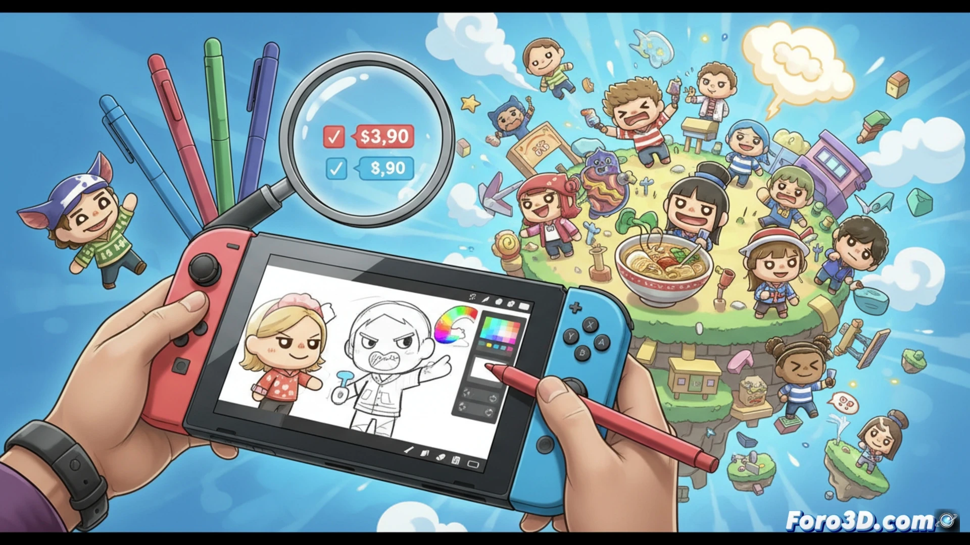 Un Mii sonriente dibuja en una Nintendo Switch con un stylus plateado barato, rodeado de monedas y un cartel de oferta.