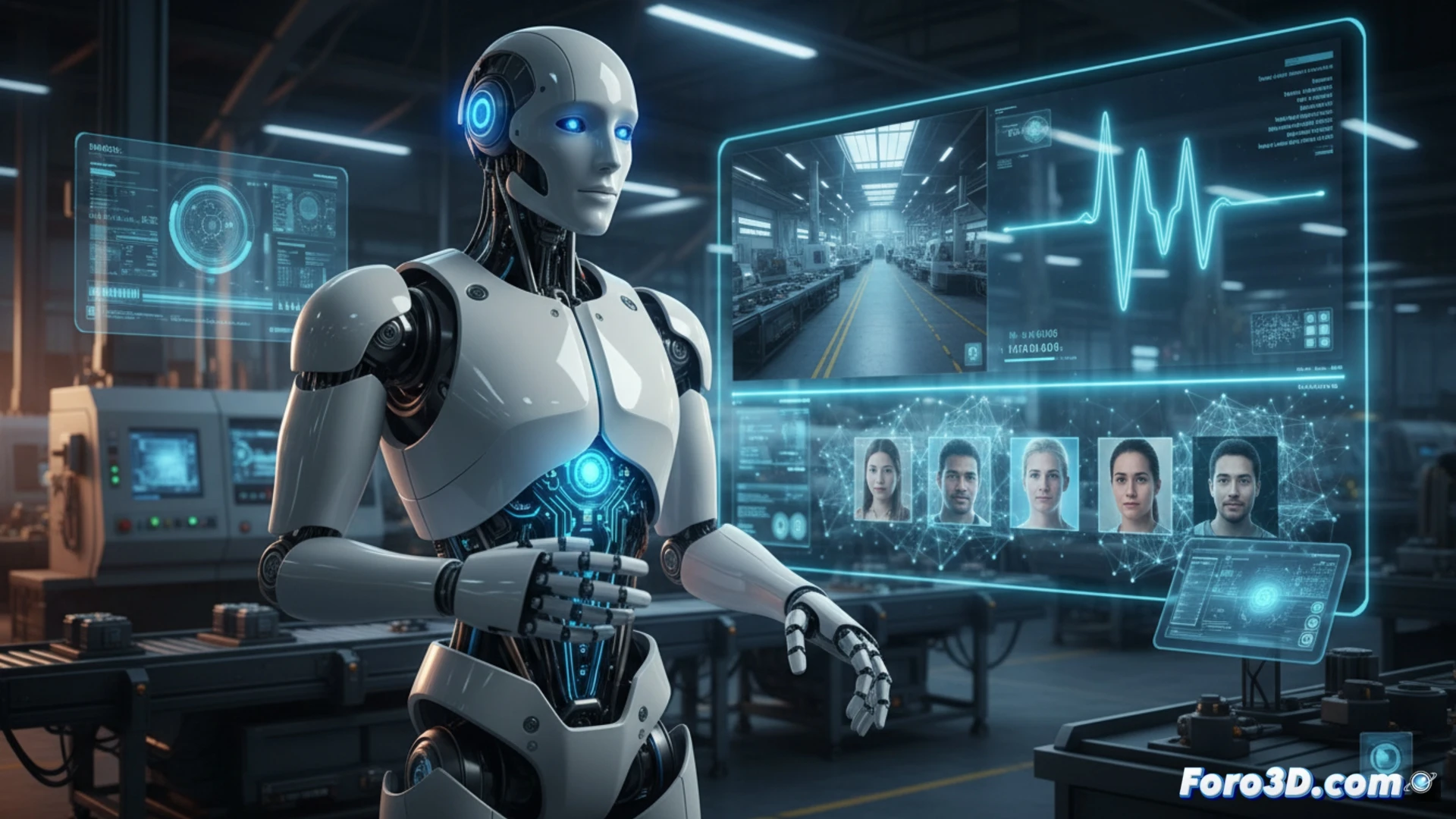 Robot humanoide Figure 02 interactuando con operario en fabrica automatizada con sensores visuales