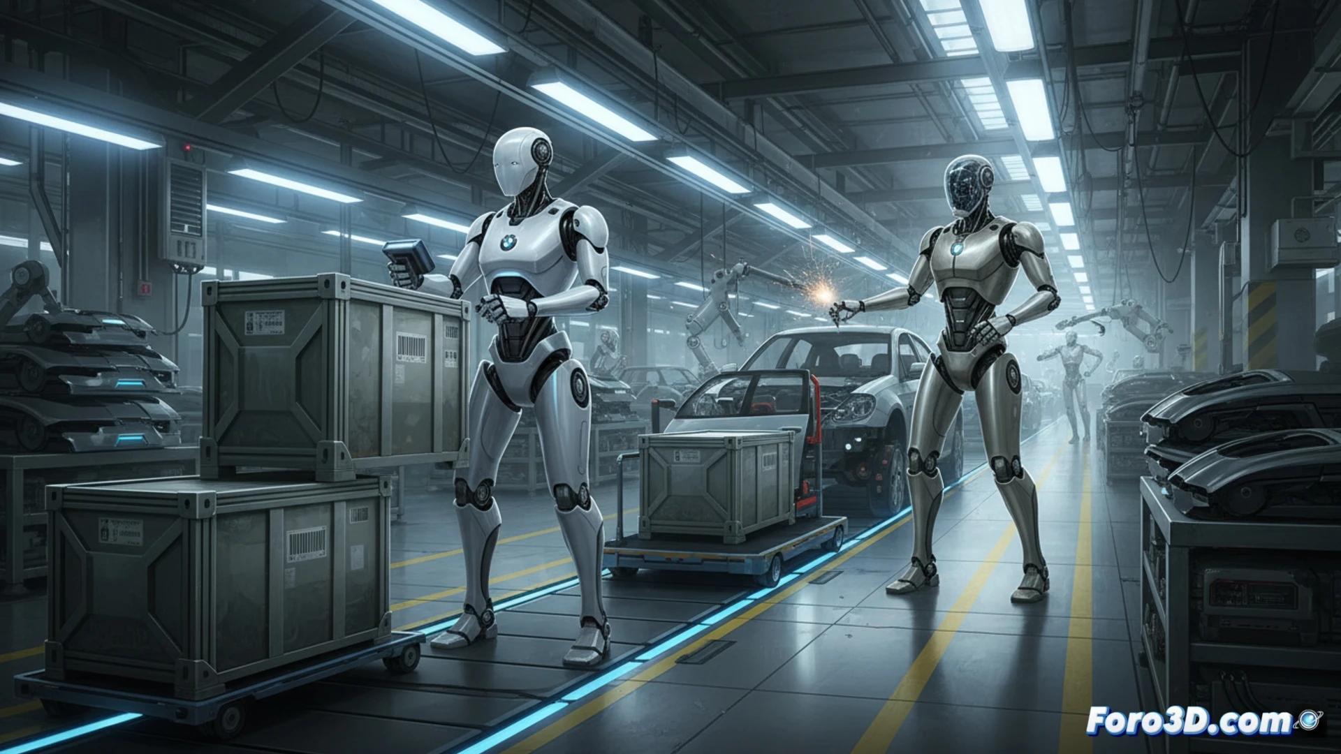 Three humanoid robots with metallic white torsos and articulated arms working at an industrial conveyor line inside a BMW factory, one robot gripping a cardboard package and flipping it upside down for barcode scanning, another placing a labeled box onto a moving belt, third robot reaching toward a storage rack, overhead robotic arms and sensor arrays tracking motion, glowing LED indicators on robot joints, blue ambient industrial lighting, conveyor belt with packages in motion, warehouse shelving in background, cables and pneumatic tubes visible, photorealistic engineering visualization, cinematic depth of field, ultra-detailed mechanical hands and grippers, sharp focus on robot fingers manipulating package orientation, slight motion blur on conveyor belt, realistic metallic reflections, technical industrial atmosphere