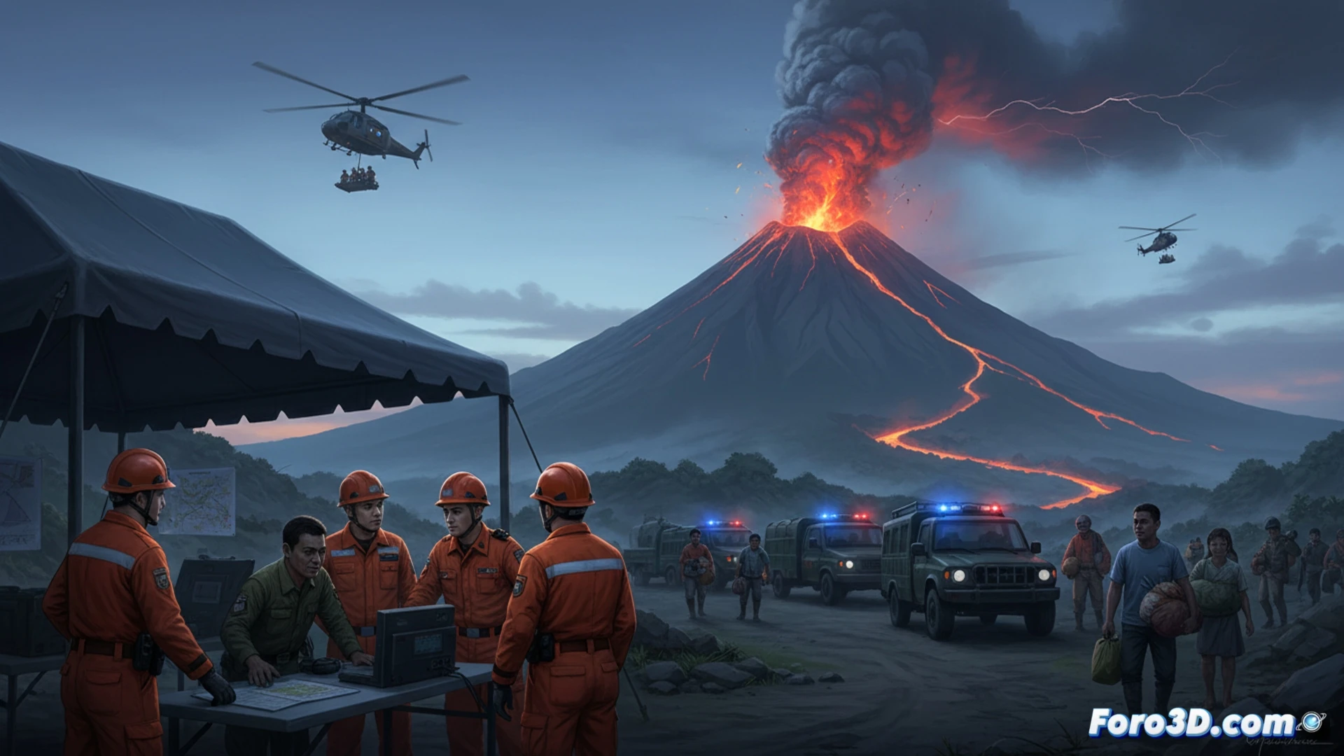 Volcán Mayon en erupción nocturna, con ríos de lava y ceniza; evacuaciones y monitoreo científico en Albay, Filipinas.