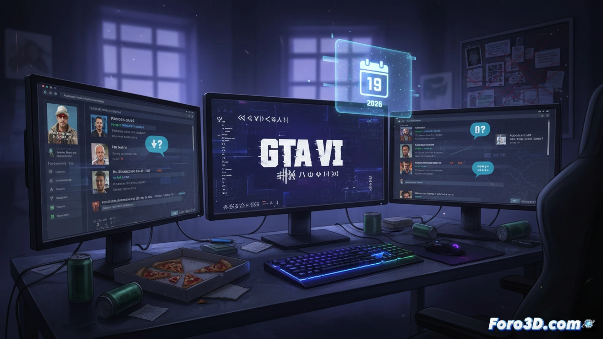 DESCRIPCIÓN: Pantalla de foro con mensajes crípticos sobre GTA 6, ícono de advertencia y fecha 19/11/2026 resaltada.