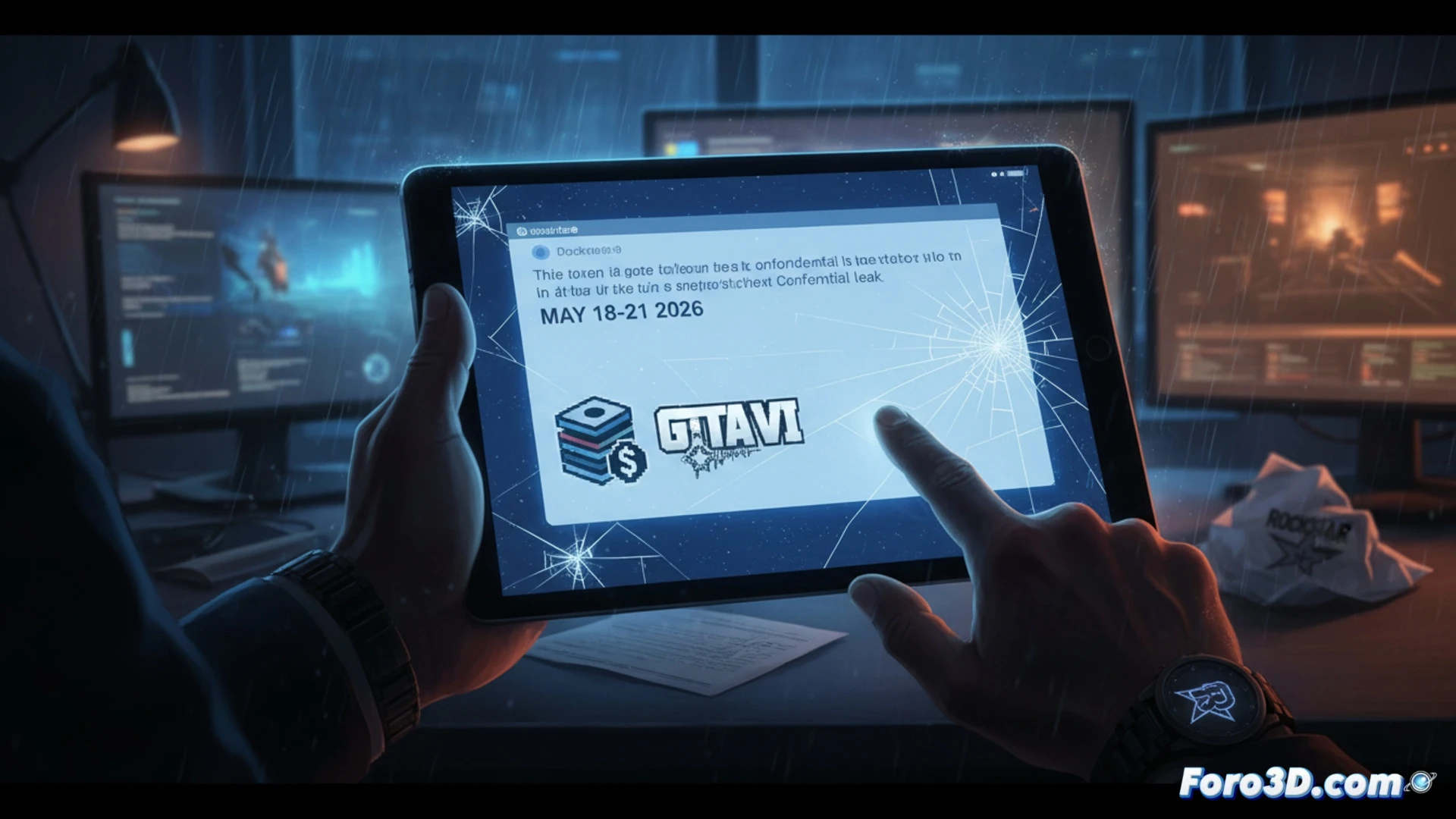 Una pantalla de PC muestra un correo filtrado sobre reservas de GTA 6, con las fechas 18-21 de mayo de 2026 y un logo de Rockstar borroso al fondo.