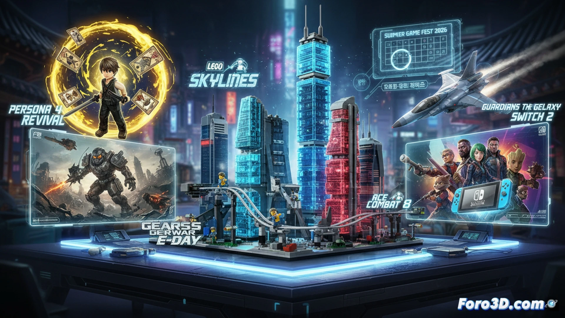LEGO brick buildings forming a city skyline assembly line, miniature Persona 4 characters glowing with blue energy while gears and Ace Combat jet parts rotate nearby, Guardians of the Galaxy figures on a Switch 2 mockup console, Korean game rating board documents stamped with red seals floating above the scene, cinematic engineering visualization, photorealistic technical illustration, metallic LEGO studs reflecting dramatic studio lighting, action showing the classification process during Summer Game Fest 2026 announcement, ultra-detailed mechanical components and glowing neon accents