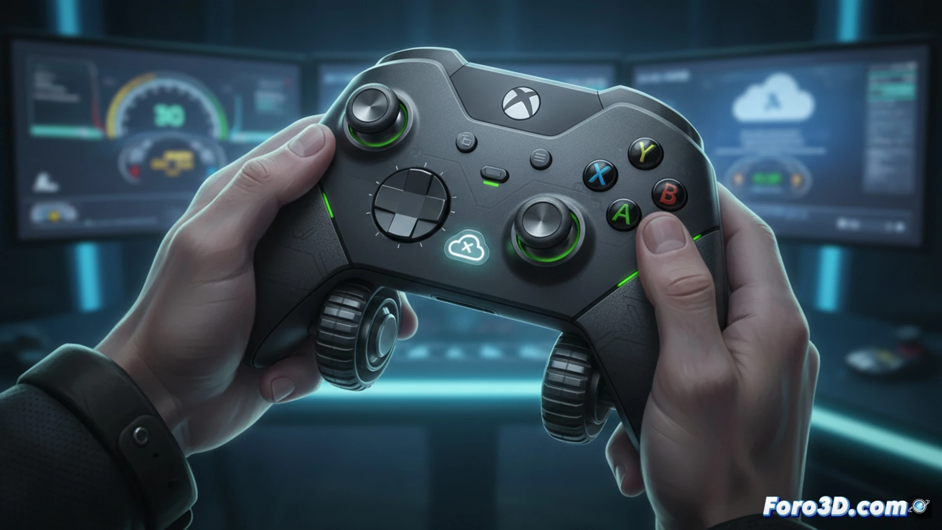 Xbox Elite 3 controller disassembled on a workbench, internal circuit board exposed showing two scroll wheels mounted on the underside, a dedicated cloud mode button illuminated in blue, while a technician´s hand adjusts a screwdriver near the thumbstick module, demonstrating hardware modification process, cinematic engineering visualization, metallic chassis, precision tool kit beside the controller, dramatic workshop lighting, photorealistic technical render, focused depth of field on the cloud button
