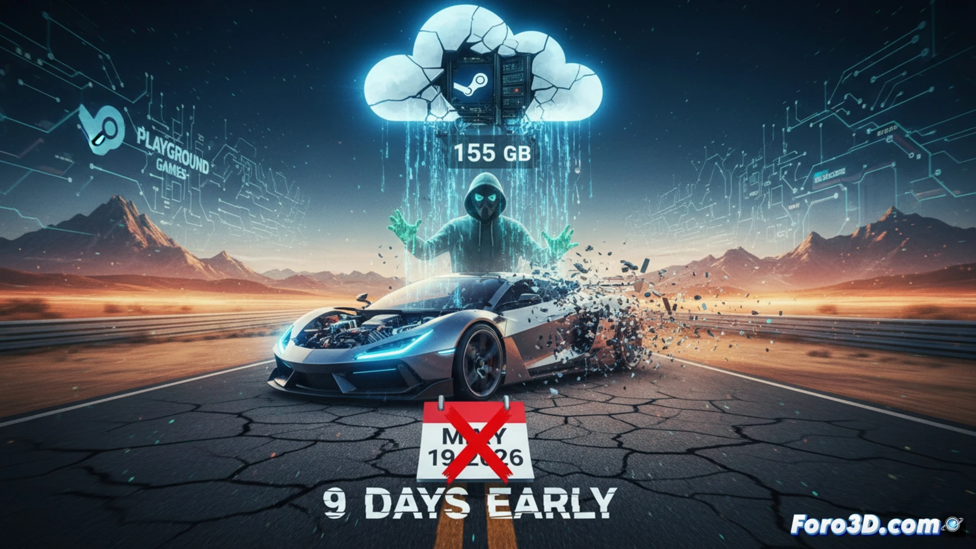 Un monitor muestra la portada de Forza Horizon 6 parcialmente oculta por un mensaje de error de Steam, con archivos de 155 GB visibles y un reloj marcando nueve días antes del lanzamiento.
