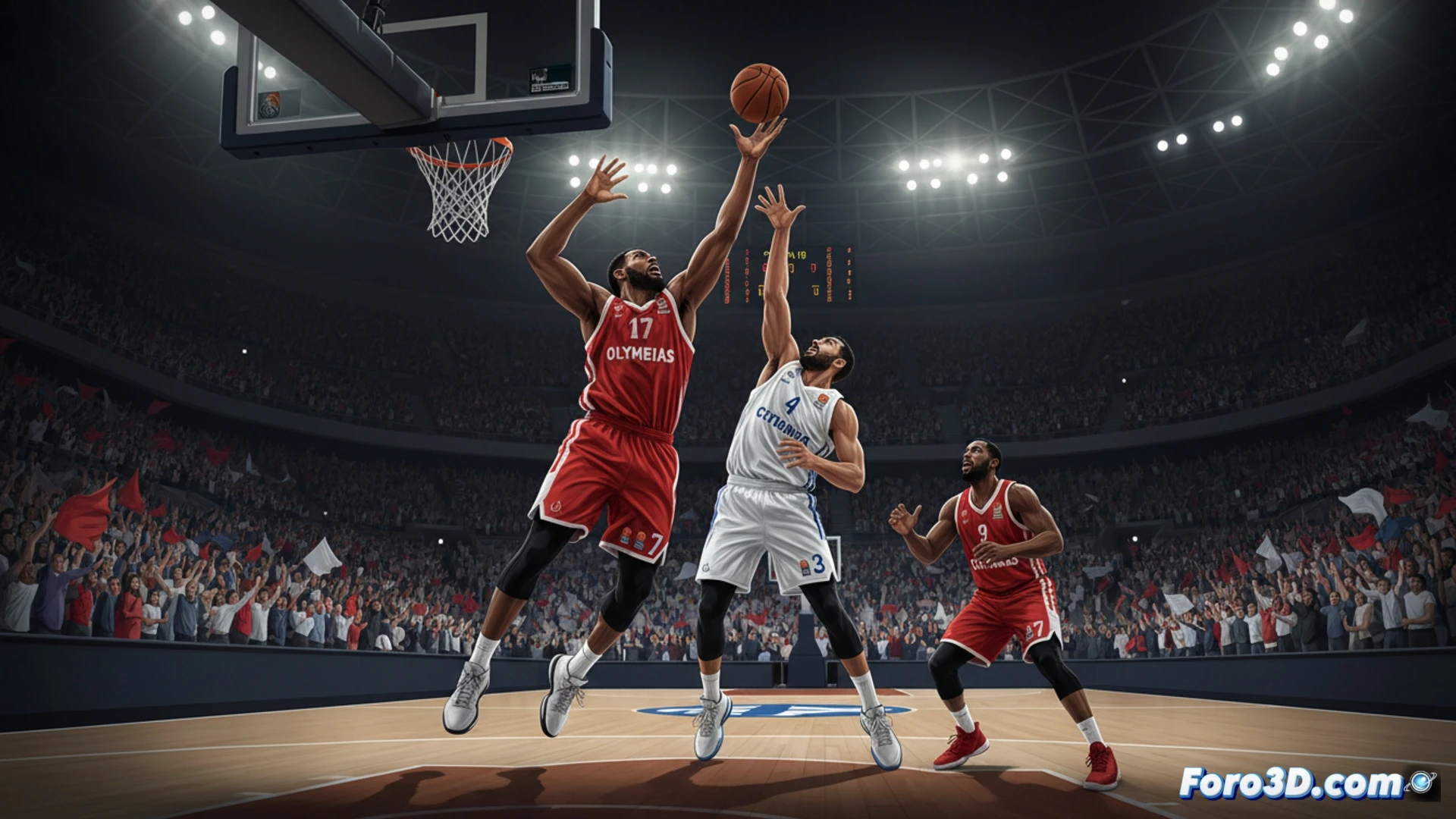 Olympiacos center boxing out Real Madrid forward under the basket during a jump ball rebound action, sweat droplets flying from intense physical contact, red and white jersey contrast against blue and white vertical stripes, basketball rim and net visible above, arena lights reflecting off polished wood court, defensive stance showing superior interior positioning, cinematic sports photography style, dramatic shadowing on muscular arms and legs, motion blur on background crowd silhouettes, photorealistic basketball action render, dynamic low-angle shot emphasizing height difference