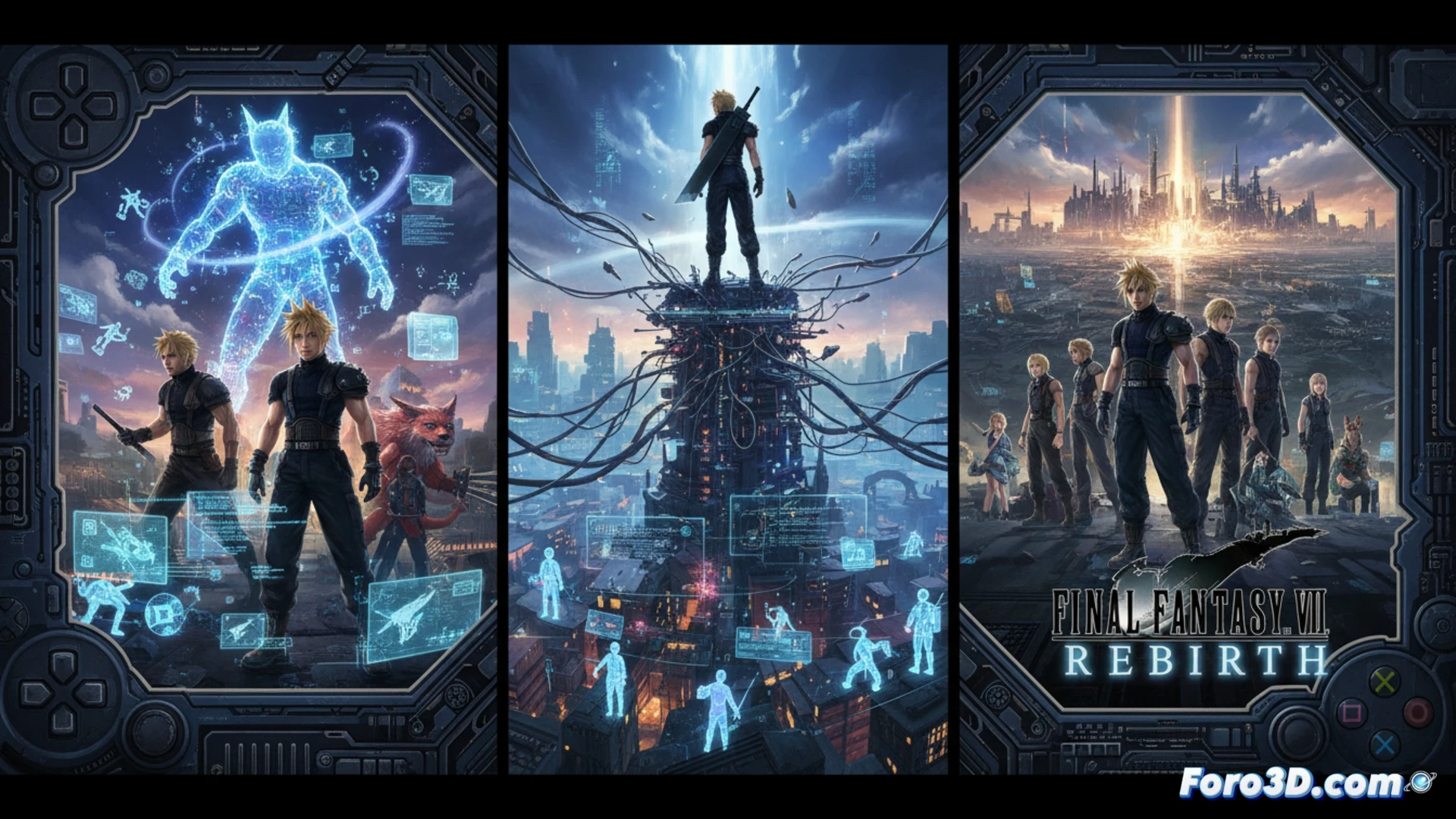 Un collage con tres discos brillantes: Midgar iluminado, la Espada de Cloud y el logo de Sephiroth, simbolizando la trilogía inevitable.