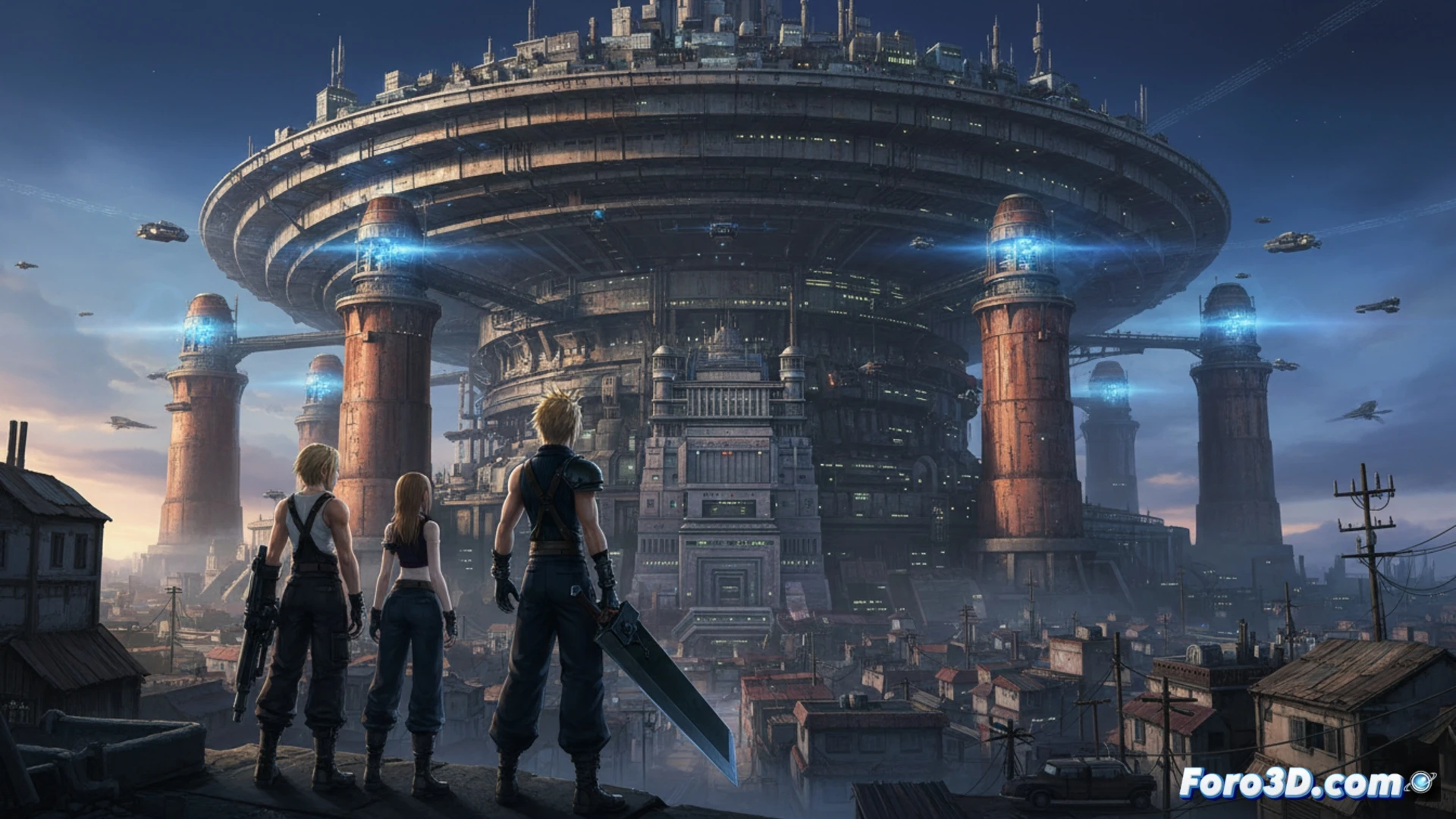 cinematic wide shot of Cloud Strife holding Buster Sword while walking through the Sector 5 reactor corridor, neon green Mako energy pulsing through pipes and machinery, sparks flying from broken mechanical panels, steam venting from damaged floor grates, holographic Shinra security monitors flickering with static, photorealistic technical illustration, dramatic shaft of light cutting through industrial smoke, metallic surfaces with realistic reflections, debris particles floating in the air, high-contrast cinematic lighting, ultra-detailed sci-fi infrastructure