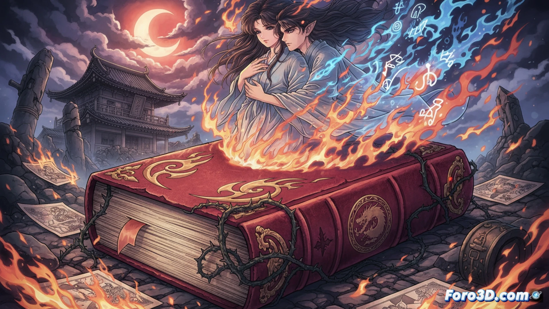 Portada masiva de Fire! con tonos rojos y dorados, una heroína de ojos grandes y cabello flotante, rodeada de llamas y estrellas, simbolizando drama romántico y sobrenatural de los 80.