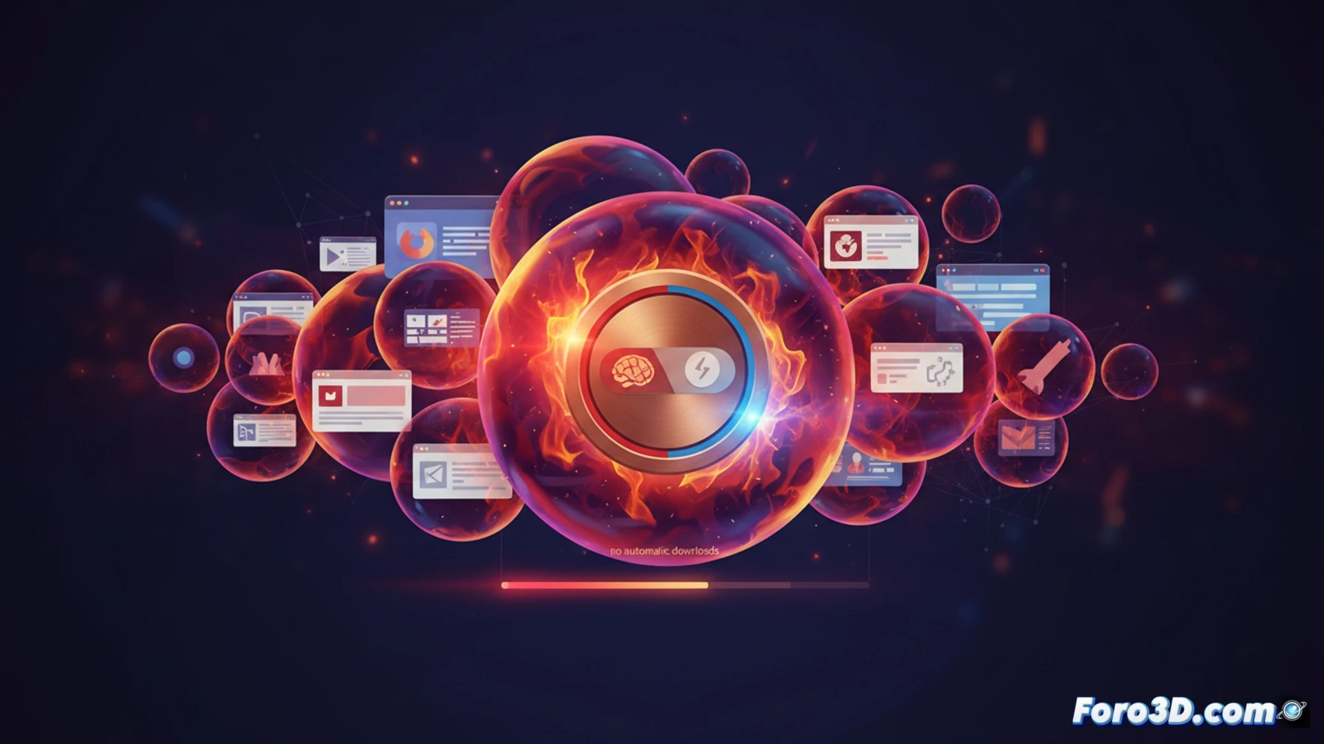 Firefox browser interface mid-transformation, floating bubble-shaped tabs rearranging in a swirling fire gradient pattern, central privacy shield glowing with a single toggle switch, AI control nodes dissolving into the shield while a pulsing red off icon appears, background showing ghosted code lines and browser chrome elements fading, cinematic engineering visualization, warm orange to deep blue color transition, particle effects around the toggle, sleek translucent UI layers, photorealistic technical render, dramatic backlighting from the shield, motion blur on dissolving AI elements