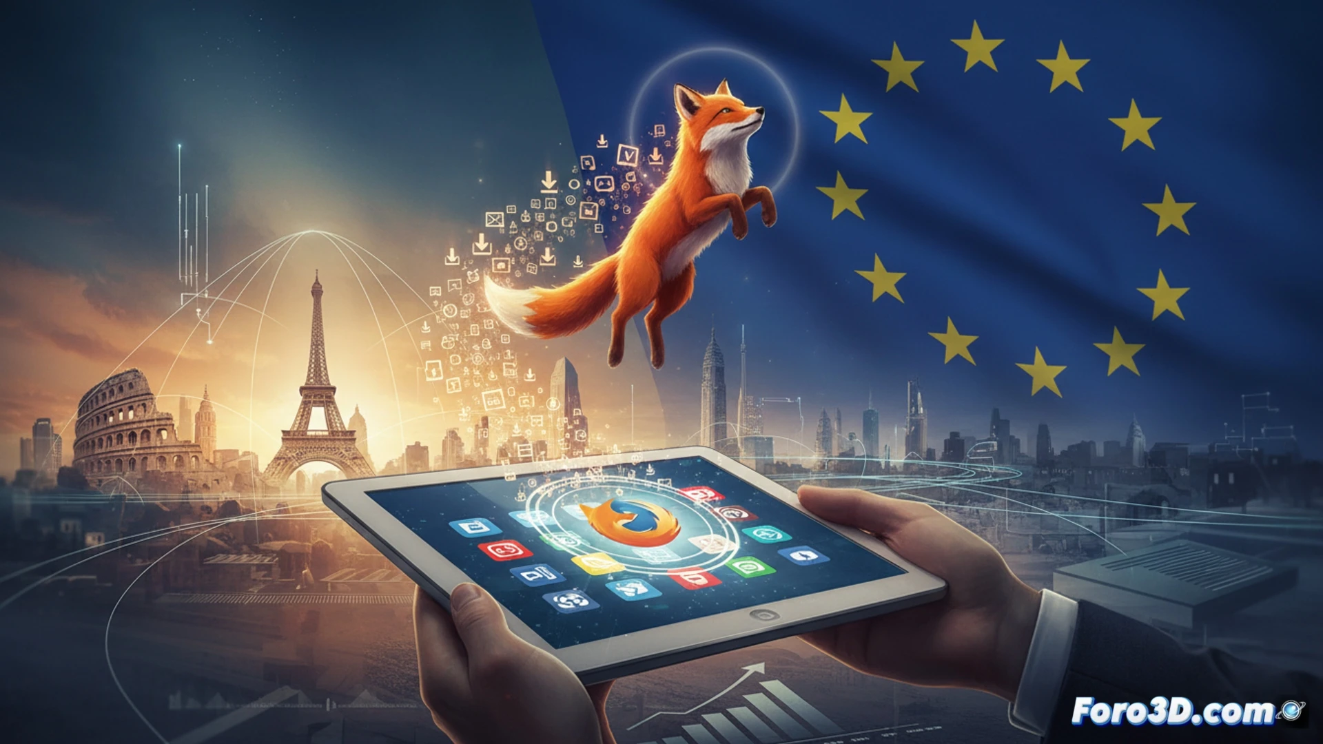 smartphone screen displaying browser choice menu with Firefox icon glowing, finger tapping Firefox option among multiple browser logos, digital connection lines flowing from screen to Europe map silhouette, abstract data stream showing download counter rising, cinematic technical visualization, dark mode interface with vibrant blue and orange accents, glowing UI elements, motion blur on selection process, realistic smartphone bezel reflection, dramatic high-contrast lighting, photorealistic product render, shallow depth of field focusing on screen