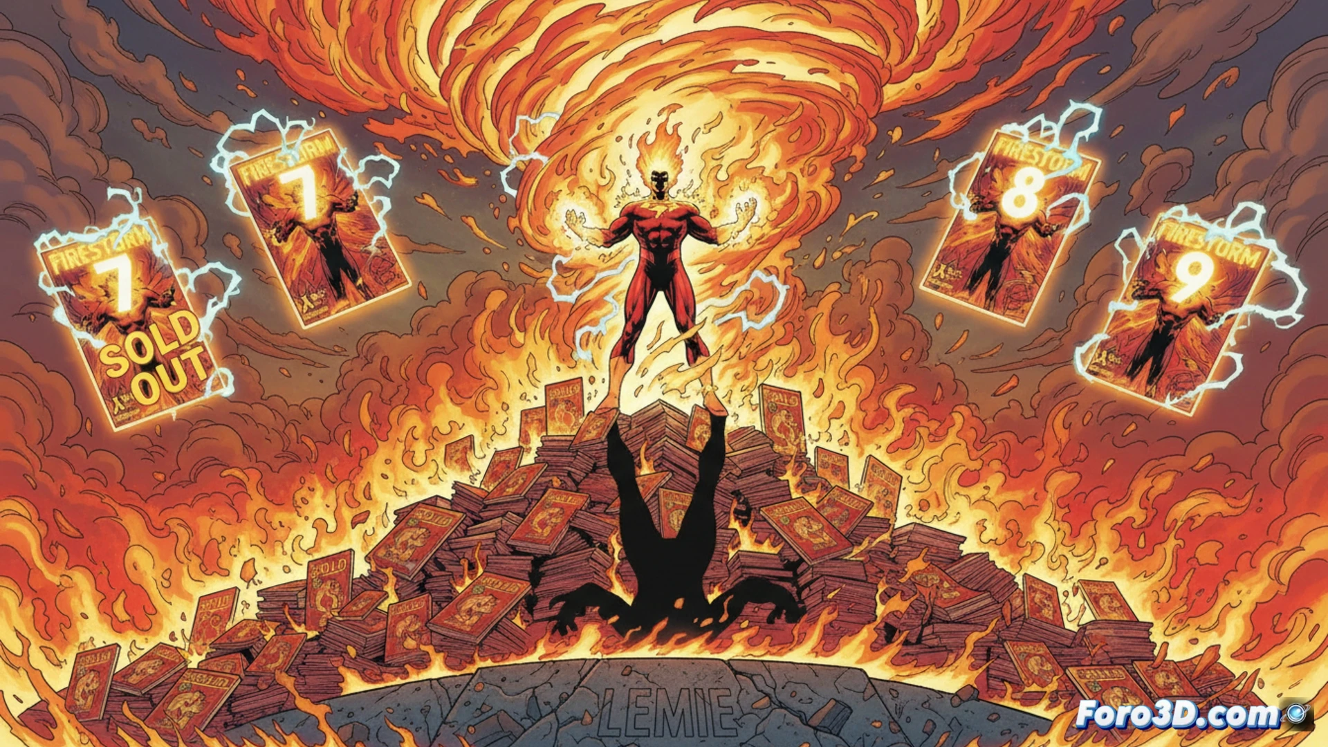 Firestorm en portada entintada sobre lápices de Denys Cowan, con llamas envolventes y fondo oscuro de humo.
