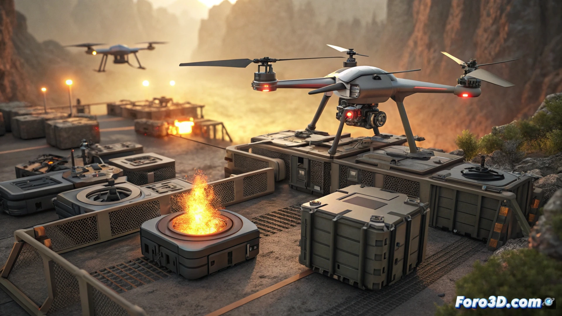 Drones de Firestorm Labs en producción, con fondo de hangar industrial y mapa de zona de conflicto activa.