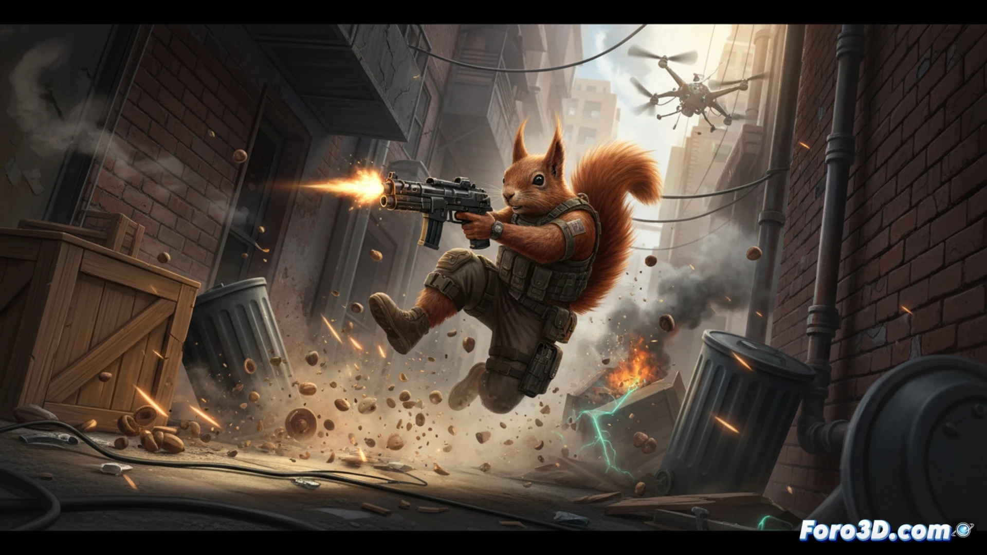 Ardilla con pistola en Unreal Engine 5, físicas y pelaje realista en sandbox de acción