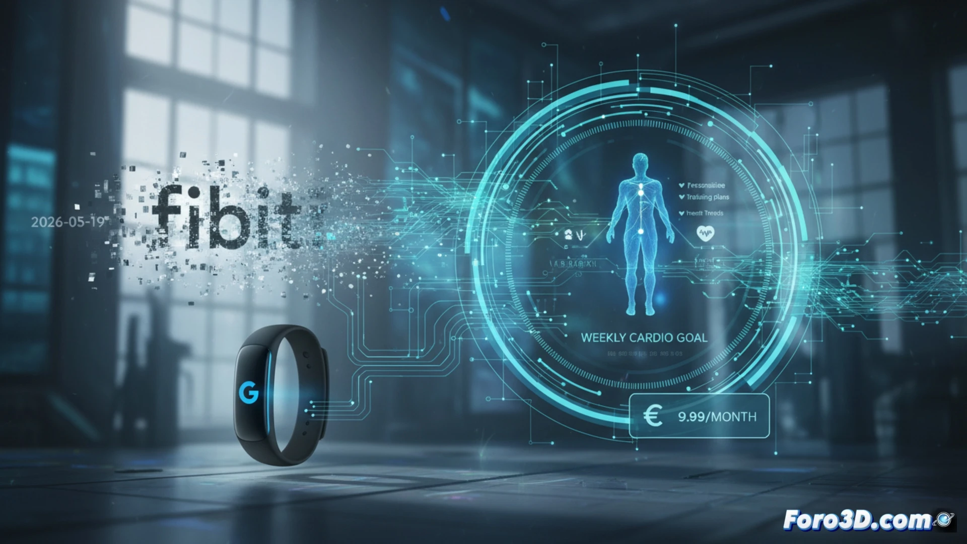 smartwatch replacement device floating in mid-air, transparent glass dome showing internal sensors for sleep tracking, no display screen visible, a human hand swiping through a holographic Google Health app interface showing unified health metrics for activity sleep nutrition and heart rate, AI assistant avatar generating a weekly cardio goal animation, old Fitbit app icon fading into dust particles, technical illustration style, clean white background with soft blue gradient lighting, photorealistic render, ultra-detailed electronic components inside the dome, glowing data streams connecting the device to the hologram, cinematic product visualization