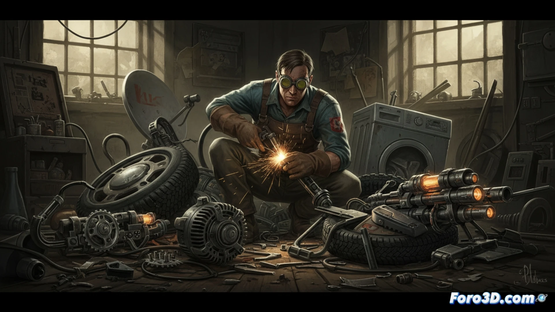 Fixer Marvel construyendo un arma con chatarra en un taller lleno de piezas metálicas