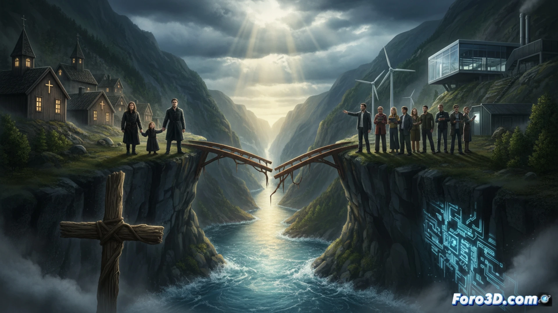 Cinematic wide shot of a frozen Norwegian fjord at twilight, a glass-walled courtroom suspended over icy water, a fundamentalist family clutching a wooden cross on one side, secular townspeople holding smartphones and tablets on the other, a judge in the center raising a gavel mid-strike, snow falling heavily, cold blue light contrasting with warm orange glow from inside, photorealistic architectural visualization, dramatic shadows, mist rising from the water, tension visible in clenched fists and open mouths, ultra-detailed textures on stone and glass, no text or symbols.