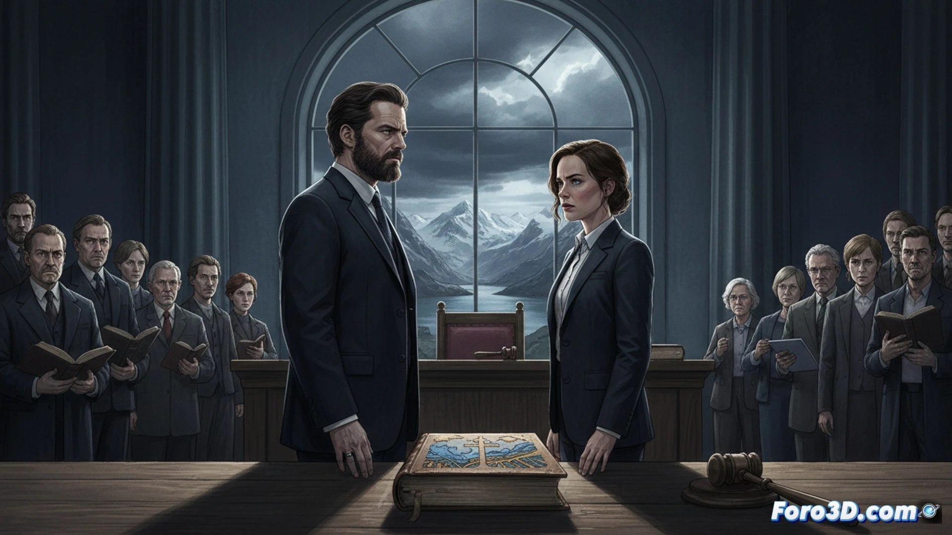 church interior converted into a courtroom, wooden pews replaced by modern benches, a glass-walled witness box at center, Sebastian Stan standing with open palms while Renate Reinsve sits at defense table, a large crucifix hanging behind the judge's bench clashing with a digital screen showing Norwegian law text, fundamentalist family in modest clothing on one side, secular locals in casual wear on the other, a Bible and a tablet both open on the evidence table, cinematic photorealistic rendering, dramatic chiaroscuro lighting from tall windows, tension visible in crossed arms and clenched fists, dust particles floating in side light beams, ultra-detailed wood grain and fabric textures