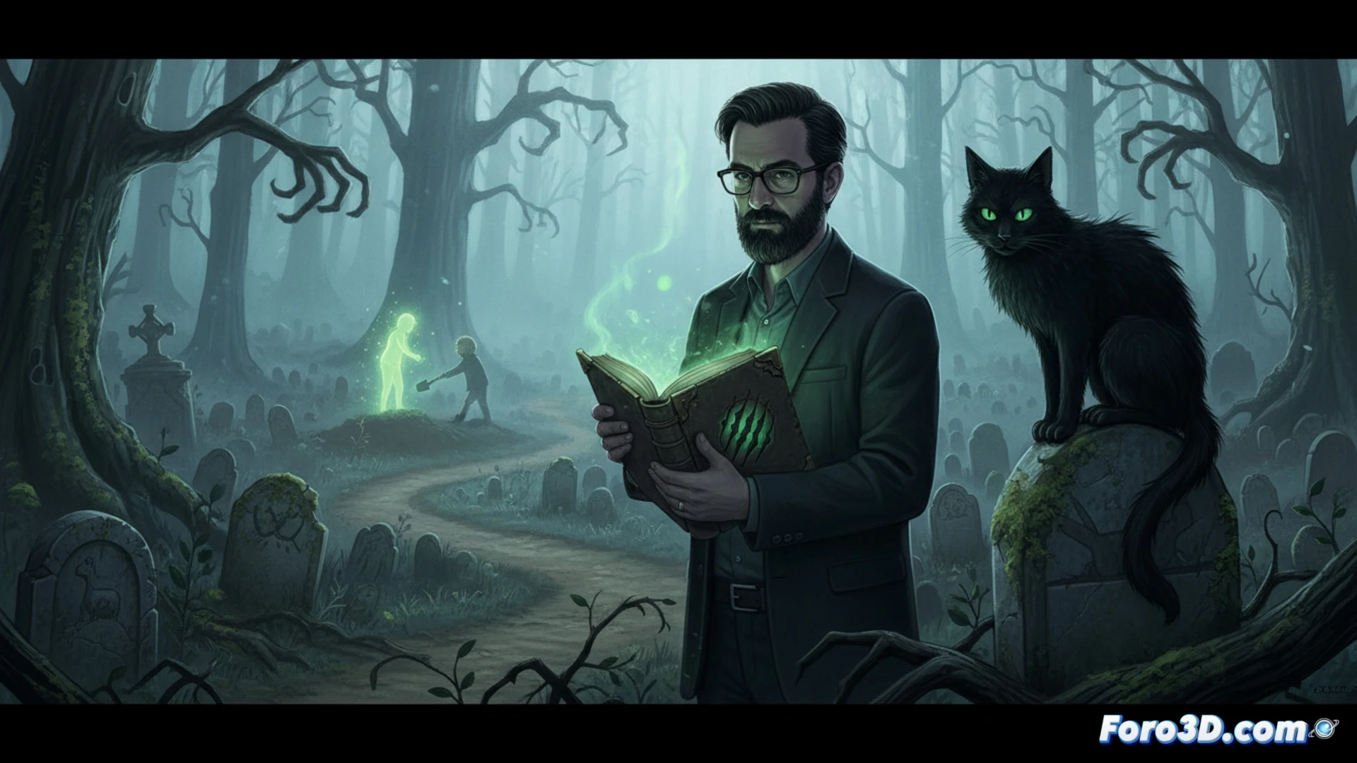 cinematic scene of a grieving father standing in a foggy pet cemetery at night, holding a small child’s toy, while a spectral cat with glowing eyes emerges from a freshly dug grave, dirt scattering in mid-air, a wooden shovel stuck in the ground nearby, dark twisted tree roots wrapping around weathered wooden crosses, eerie blue moonlight filtering through mist, photorealistic horror visualization, dramatic chiaroscuro lighting, ultra-detailed soil texture, emotional tension in the father’s posture, supernatural atmosphere