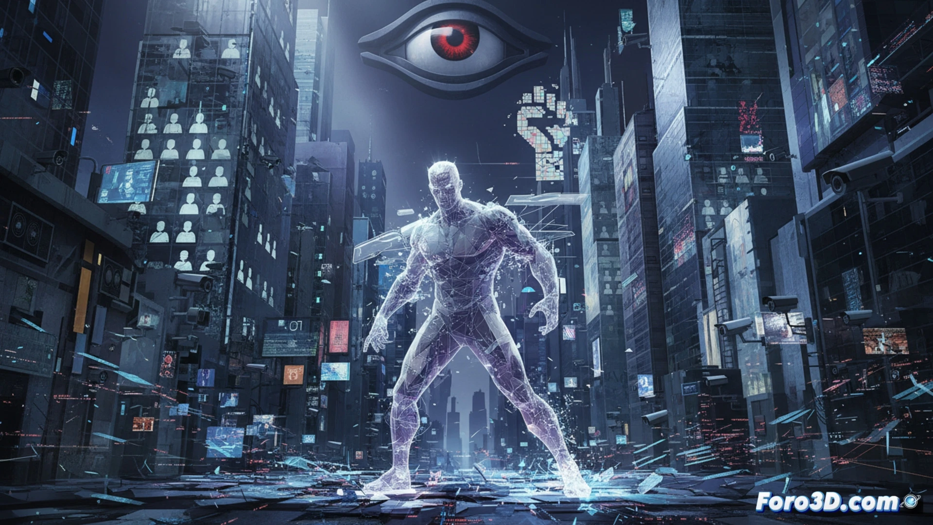 Flatman comprimido en capas 2D en espacio 3D, protesta visual contra vigilancia digital