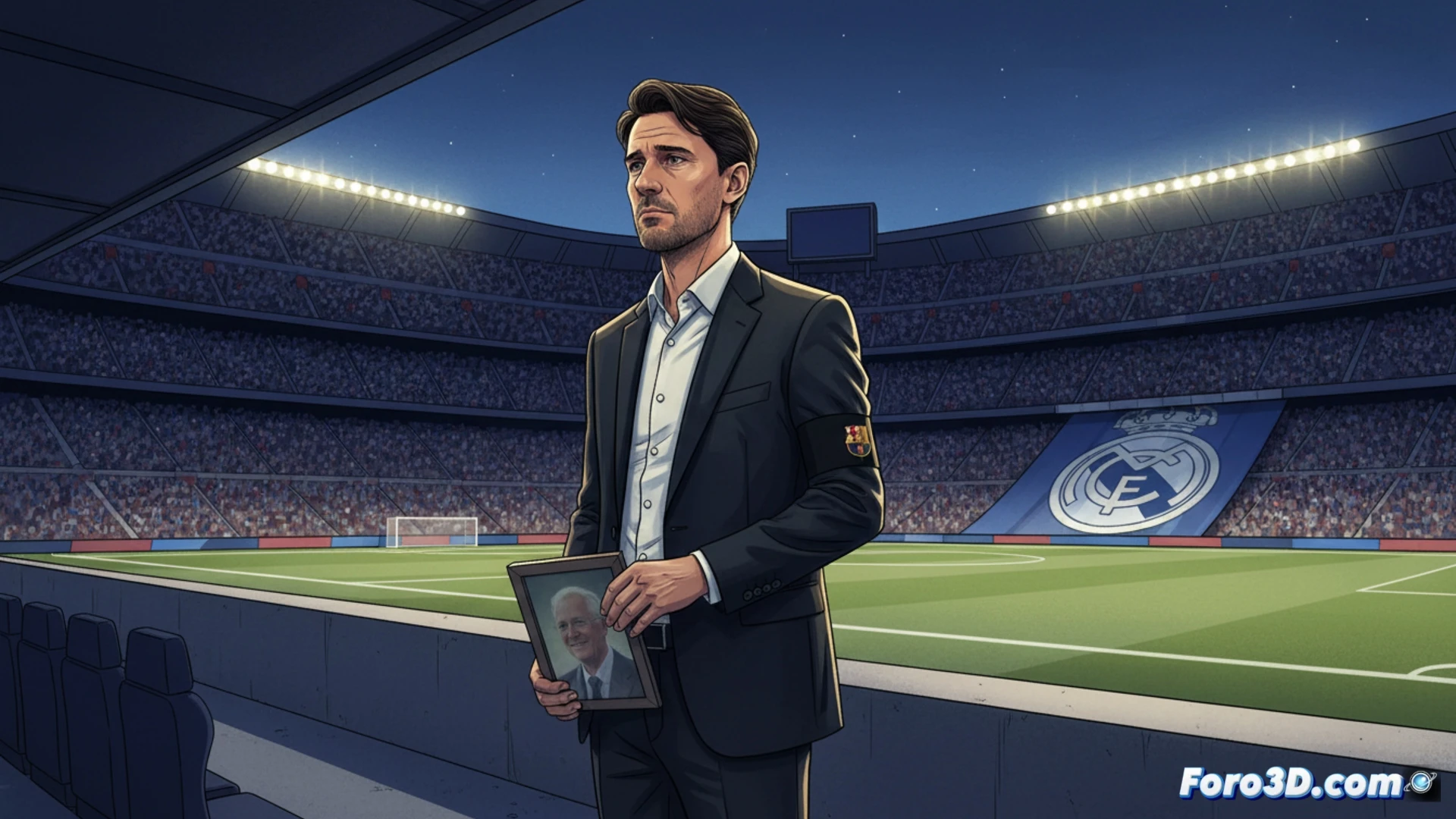 Un entrenador de fútbol, con semblante serio y ojos vidriosos, mira al suelo en un banquillo vacío. Al fondo, el césped del Camp Nou y un balón desenfocado.