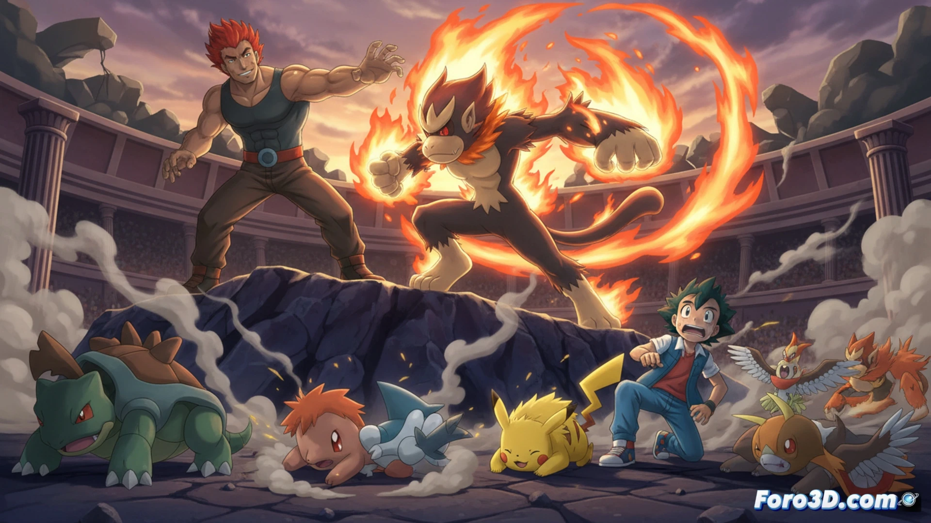 Infernape de Flint domina con puño de fuego a Torterra de Ash, en un campo de batalla humeante y lleno de chispas.