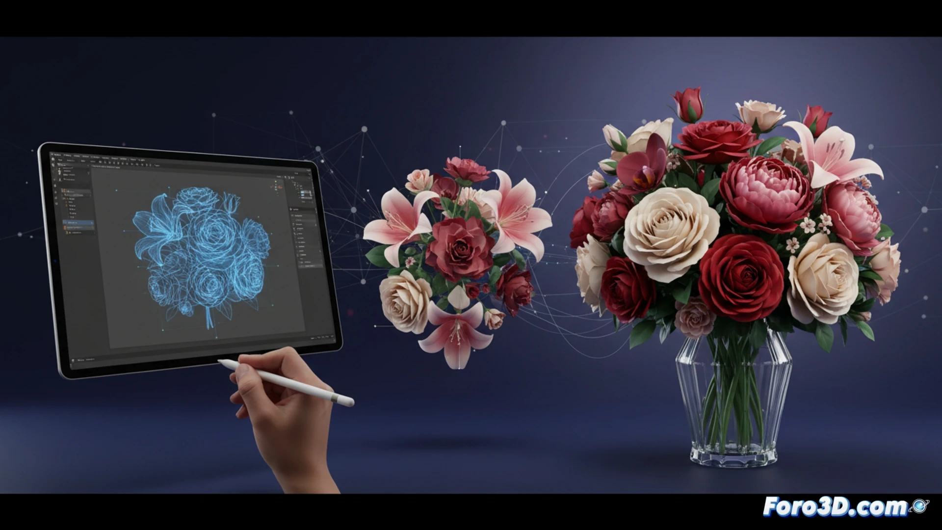 Un ramo nupcial modelado en 3D, con pétalos translúcidos y curvas perfectas, flota junto a un boceto digital en una pantalla táctil.