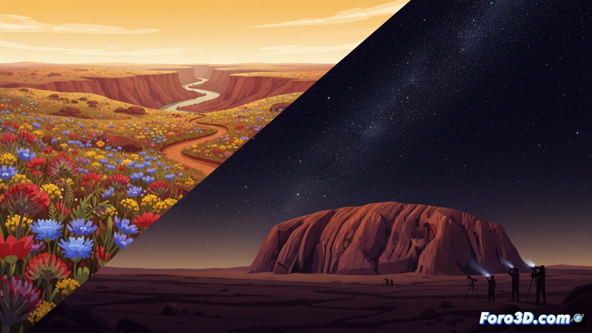 aerial view of Australian outback landscape split in two halves, left side showing vibrant wildflower explosion with 800 native species in Kalbarri National Park during daylight, right side revealing pitch-black star-filled night sky above Uluru and Alice Springs desert, a telescope set up near Arltunga Bush Pub, tiny human figures observing celestial bodies while holding star maps and red flashlights, no light pollution visible, photorealistic cinematic landscape, ultra-detailed botanical textures, cosmic Milky Way band arching across horizon, dramatic golden hour gradient transitioning into deep indigo night, technical nature documentation style