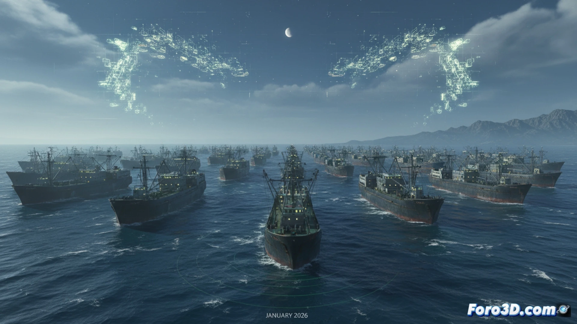 Visualización 3D de flota fantasma china presionando rutas marítimas globales desde Argentina hasta Taiwán