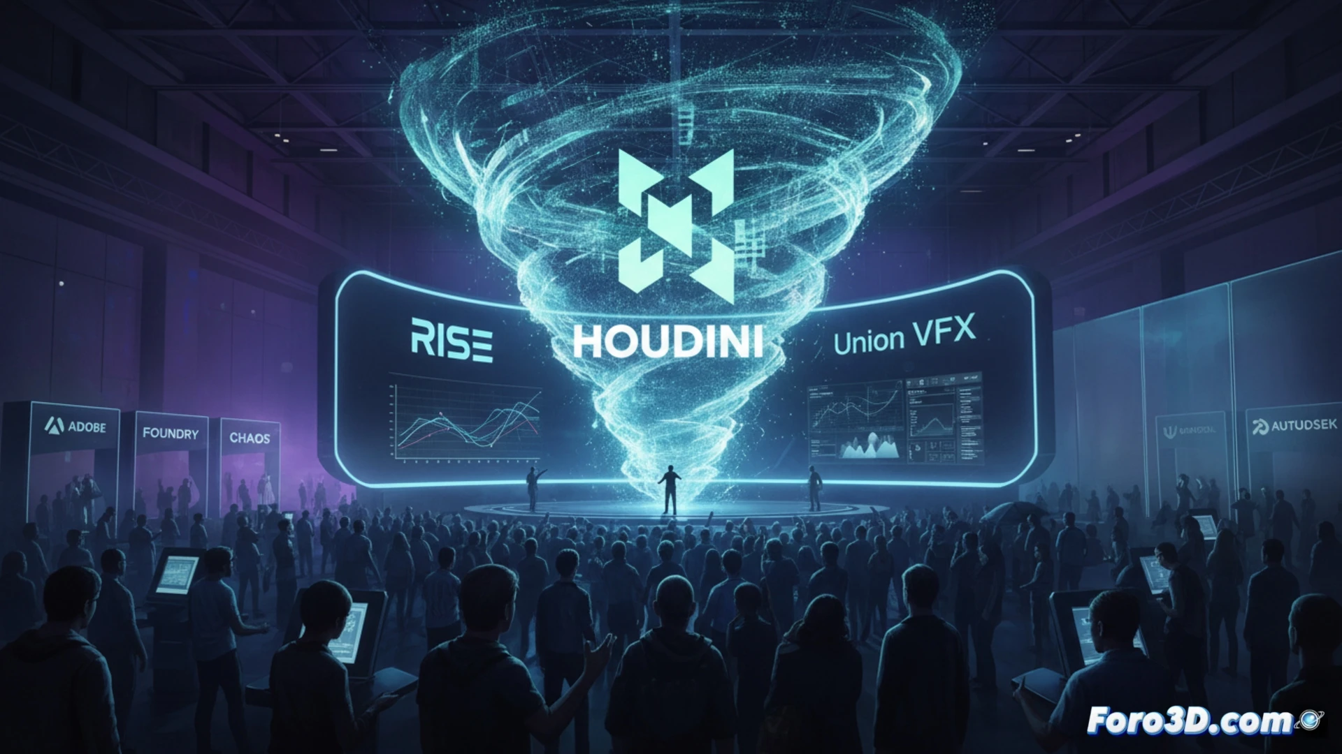 FMX 2026 en Stuttgart: asistentes abarrotan el stand de SideFX con Houdini, mientras Autodesk queda en segundo plano.