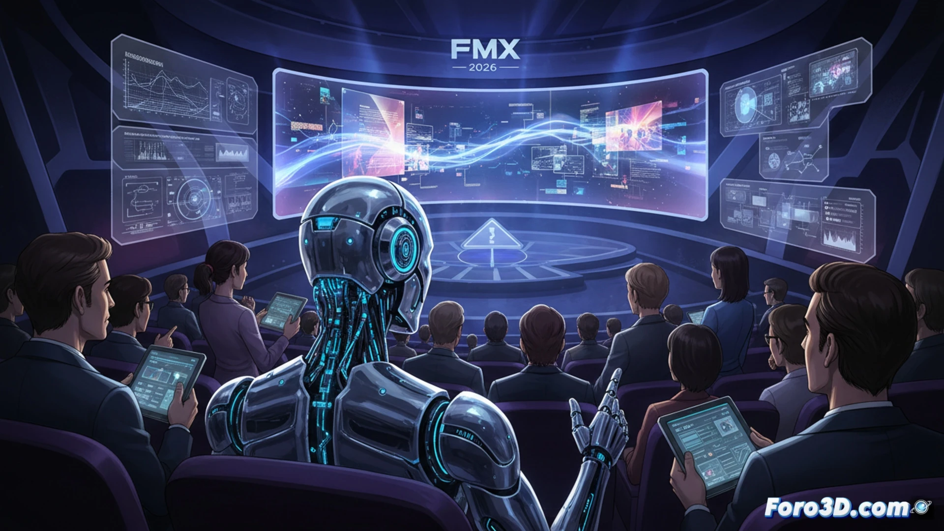 Un cine futurista con butacas rojas; en primera fila, un asiento con un holograma de IA iluminado en azul y naranja, reflejando el lema The Road Ahead.
