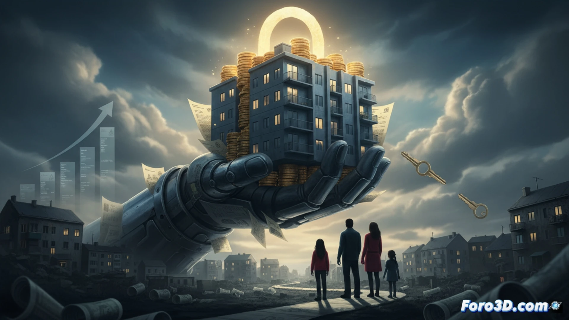 photorealistic cinematic scene of a vast residential block being vacuumed into a giant golden piggy bank labeled with a tax shield symbol, while a middle-class family struggles to sign a rental contract at a small desk in the foreground, their salary being drained through a transparent pipe into the piggy bank, the bank emits glowing receipts for maintenance deductions, renovation costs, and interest write-offs, the contrast between the massive corporate accumulation and the family’s empty wallet, dramatic chiaroscuro lighting, ultra-detailed architectural textures, financial documents floating in the air, high-contrast technical illustration style