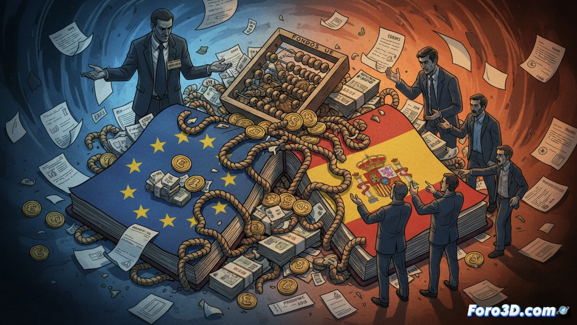 European Union documents and pension payment receipts being inspected under a magnifying glass, a Spanish government official holding a calculator while pointing at a balance sheet discrepancy, a European Commission building in the background with a closed case file stamp visible, photorealistic technical illustration, dramatic overhead office lighting, scattered coins and budget graphs on a wooden desk, tense political atmosphere, ultra-detailed financial paperwork textures, cinematic engineering visualization