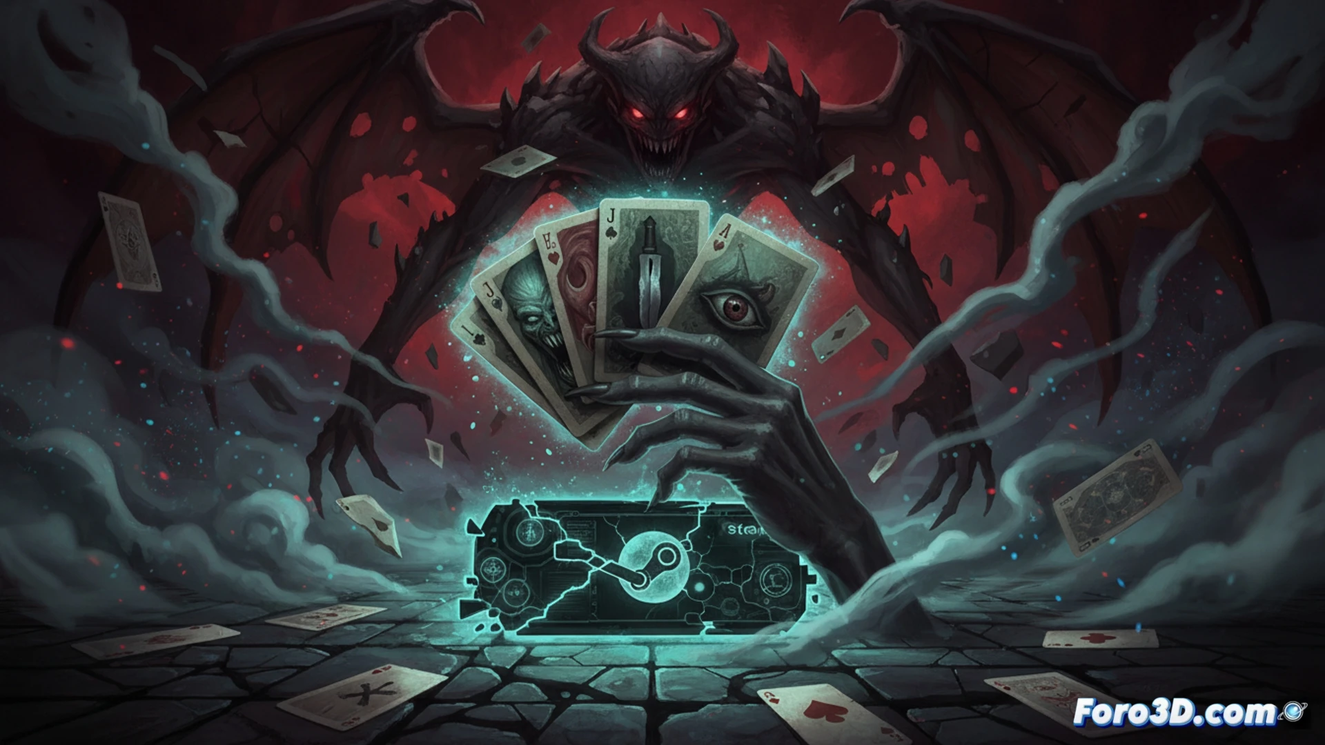 solitario cartas repartidas sobre mesa oscura madera, mano temblorosa sosteniendo carta boca abajo con símbolo terrorífico oculto, monitor gaming mostrando interfaz Steam con gráfico ventas ascendente y reseñas positivas, teclado mecánico iluminado RGB rojo, taza café humeante junto a ratón gaming, fondo tenue con sombras alargadas, estilo cinematográfico oscuro, iluminación dramática con foco sobre cartas, texturas realistas madera y plástico, atmósfera tensa y misteriosa, photorealistic technical render