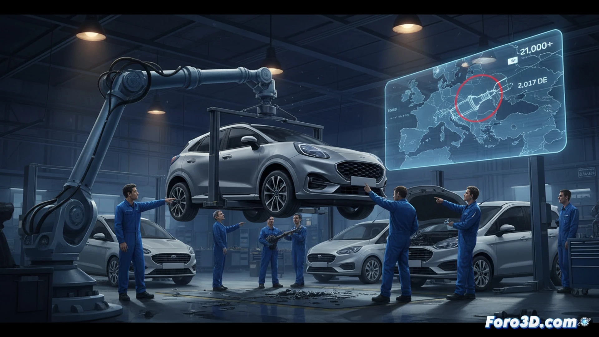 Un taller mecánico revisa el eje de transmisión delantero derecho de un Ford Puma plateado, con el capó abierto y herramientas sobre el suelo, simbolizando la llamada a revisión por pérdida de potencia.