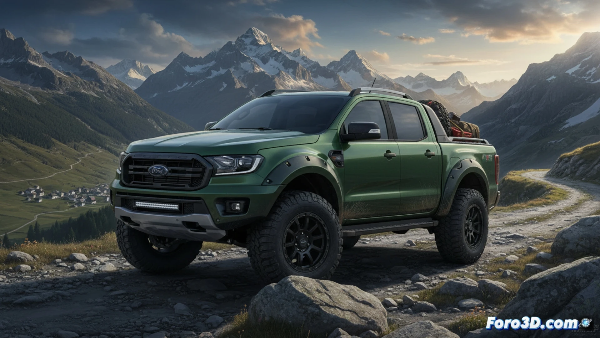 Ford Ranger Super Duty 2028 off-road pickup climbing a steep muddy slope, massive 300mm ground clearance visible under chassis, rear axle articulating with suspension flex, two-ton cargo bed loaded with steel beams, heavy-duty diesel engine bay exposed with intercooler pipes and turbo components, mud spraying from aggressive all-terrain tires, dramatic sunset lighting casting long shadows, photorealistic automotive engineering visualization, dust particles illuminated, mechanical underbody details with differential and leaf springs, cinematic action shot showing power delivery while ascending