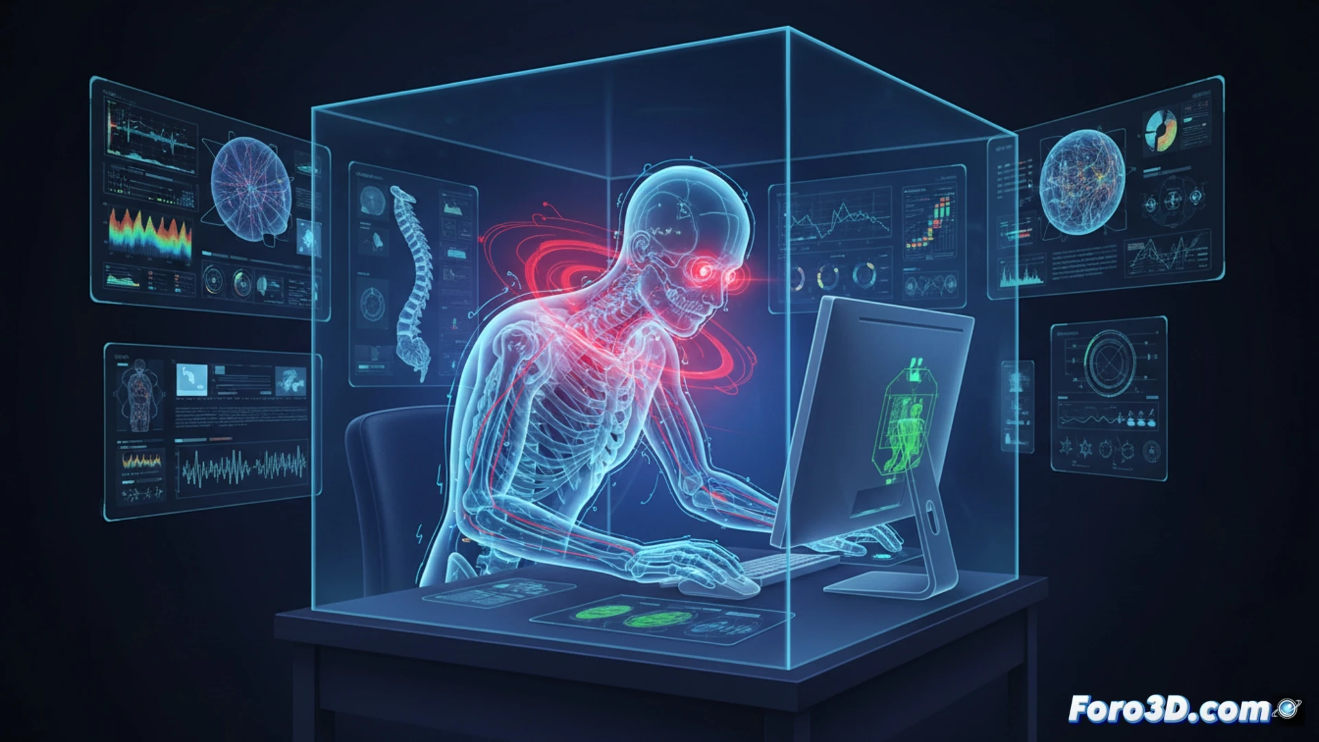 Editor de vídeo con postura forzada y fatiga visual, modelado en simulación 3D forense