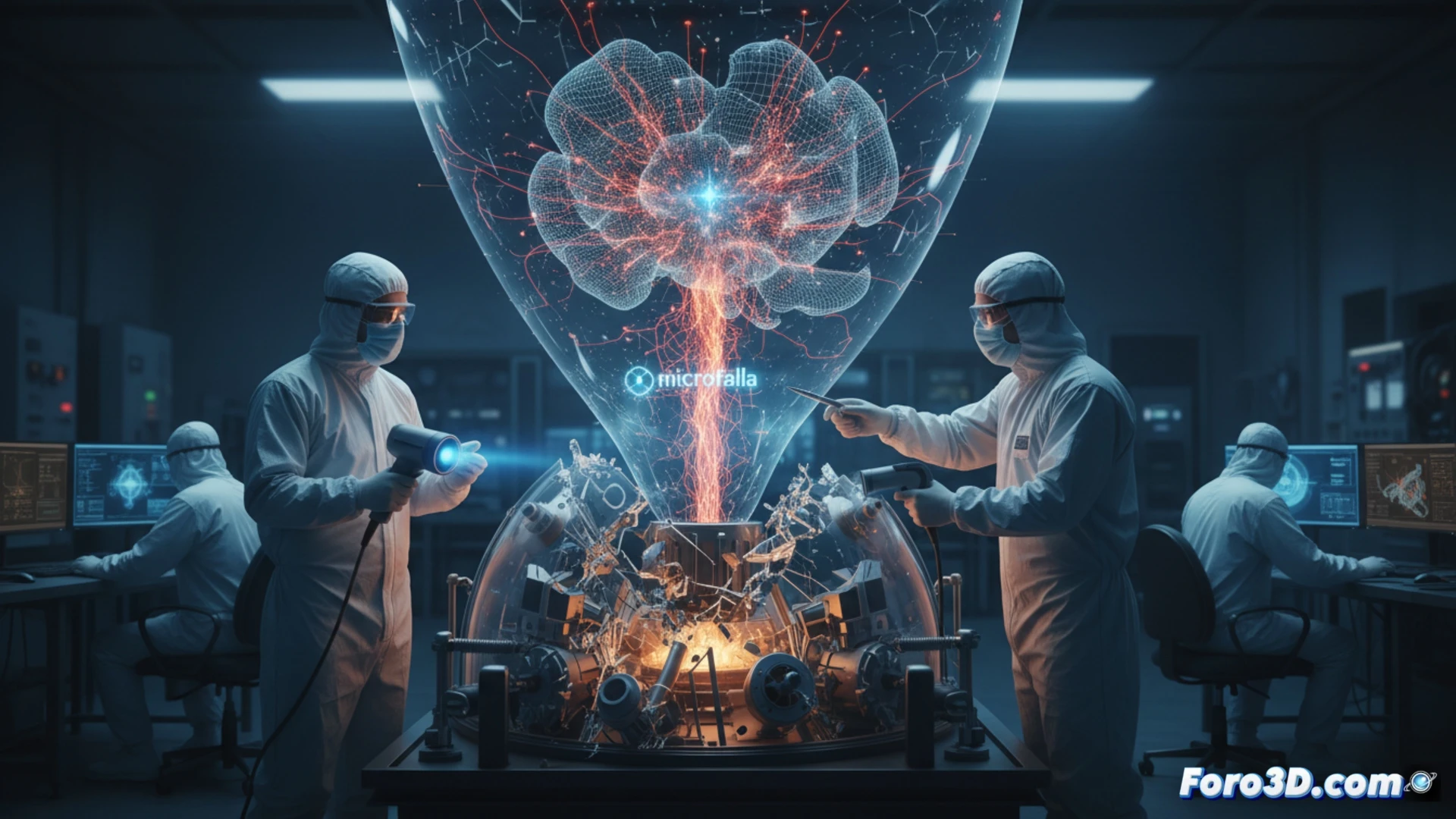 Modelo 3D de reactor CVD con trayectorias de fragmentos y puntos de falla resaltados en rojo