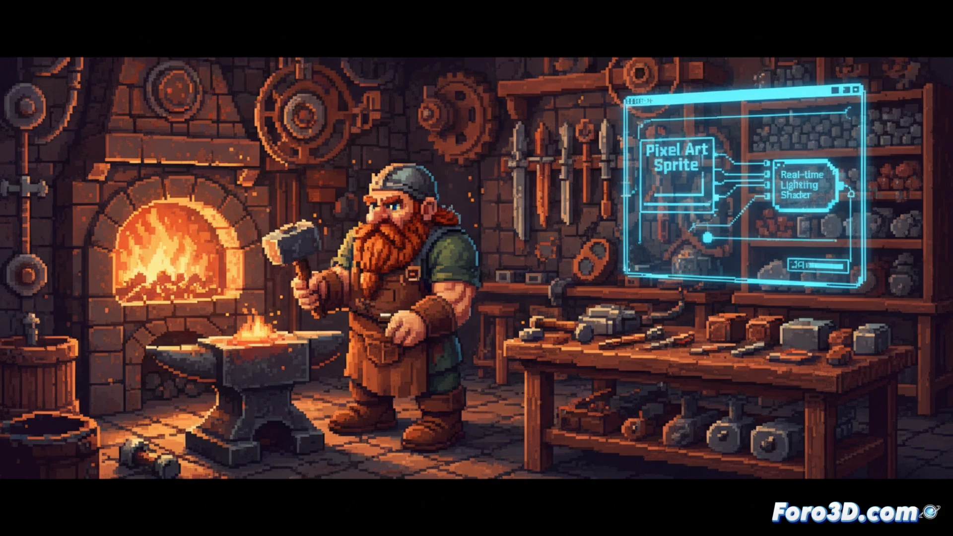 Pixel art de forja en Unity con personaje animado y herramientas brillantes sobre yunque