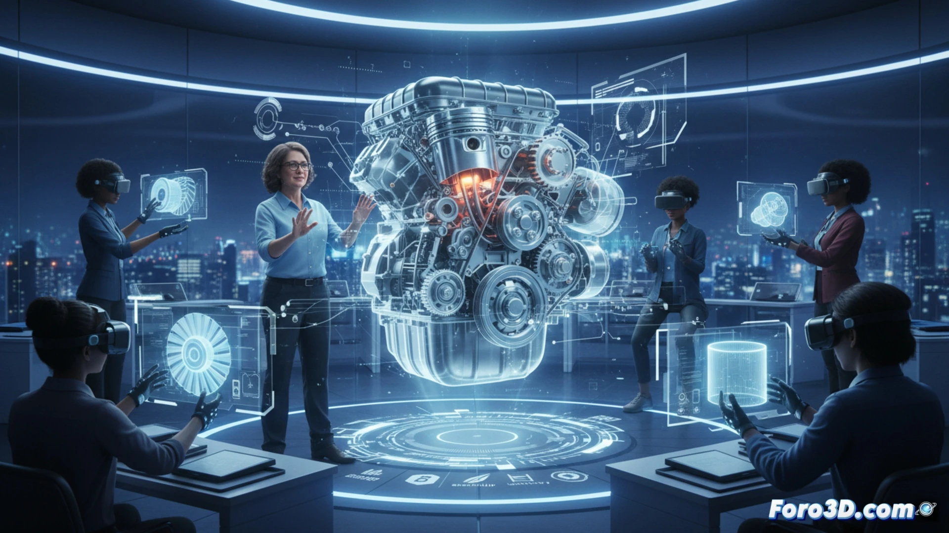 Un instructor señala un motor 3D flotante frente a alumnos con gafas VR, sin pizarra ni piezas reales.