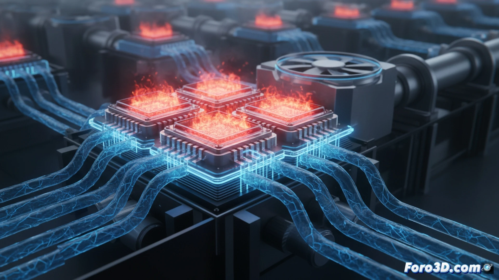 Imagen futurista de un chip de IA con un disipador impreso en 3D, rodeado de tubos de líquido azul brillante, sobre un fondo de servidores densos en Formnext Asia 2026.