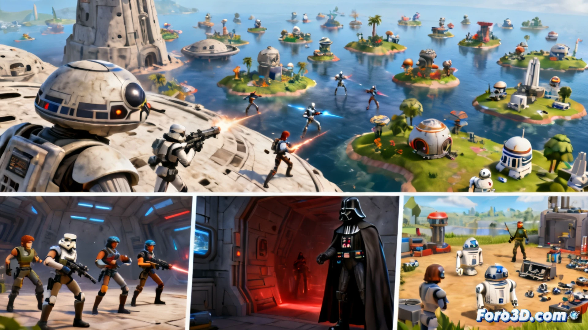 Un mapa de Fortnite con tres modos de Star Wars: batalla 10vs10, sigilo ante Darth Vader y granja de droides, más islas de creadores.